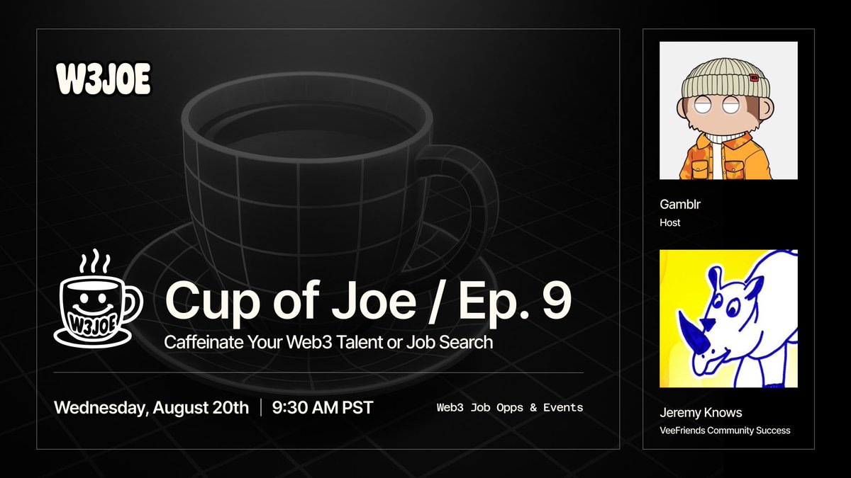 Gamblr🚀 (@notagamblr) on Twitter photo gm ☕️
sitting down w/ one of my favorite people <a href="/jeremyknowsVF/">Jeremy Knows | VeeFriends</a> in just a few minutes
📆 TODAY @ 9:30am PT/12:30pm ET
tap in if you want to get started or advance your career in web3 💻
powered by <a href="/Web3jobopps/">Web3 Job Opps & Events (W3JOE)</a>
rsvp 👉 x.com/i/spaces/1YqJD… gm ☕️
sitting down w/ one of my favorite people <a href="/jeremyknowsVF/">Jeremy Knows | VeeFriends</a> in just a few minutes
📆 TODAY @ 9:30am PT/12:30pm ET
tap in if you want to get started or advance your career in web3 💻
powered by <a href="/Web3jobopps/">Web3 Job Opps & Events (W3JOE)</a>
rsvp 👉 x.com/i/spaces/1YqJD…