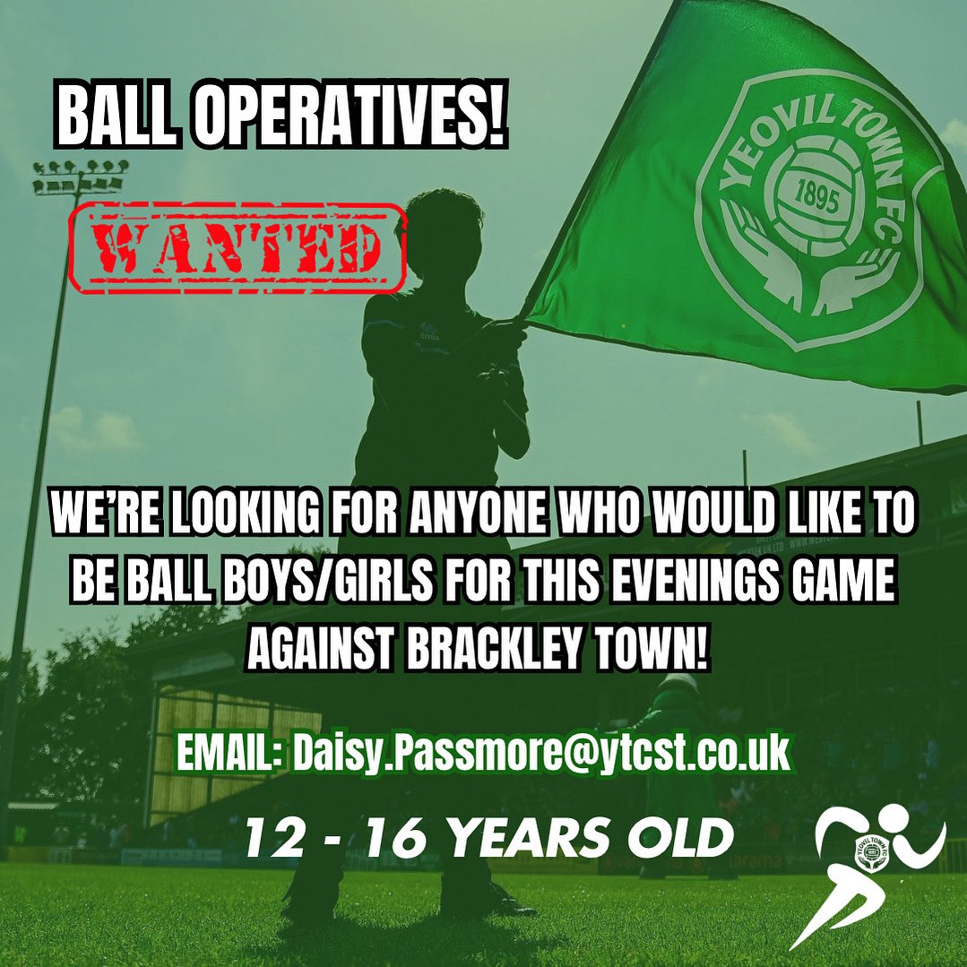 YTCST08's tweet image. Ball Operatives Wanted! 

We’re looking for 2/3 people who want to be ball boys/girls for this evenings game against Brackley Town! 

Please send us a message or email daisy.passmore@ytcst.co.uk 

#YTFC