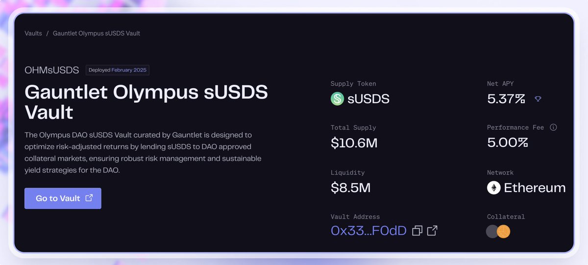 We've joined forces with <a href="/OlympusDAO/">OlympusDAO |Smart, Money|</a> to launch an sUSDS <a href="/MorphoLabs/">Morpho Labs</a> vault deployed on <a href="/ethereum/">Ethereum</a>

Gauntlet Olympus sUSDS is the definition of DeFi composability

Supply sUSDS to get risk-adjusted yield on your yield-bearing stable.
Collateralize <a href="/pendle_fi/">Pendle</a> tokens and <a href="/ResolvLabs/">Resolv Labs</a>'