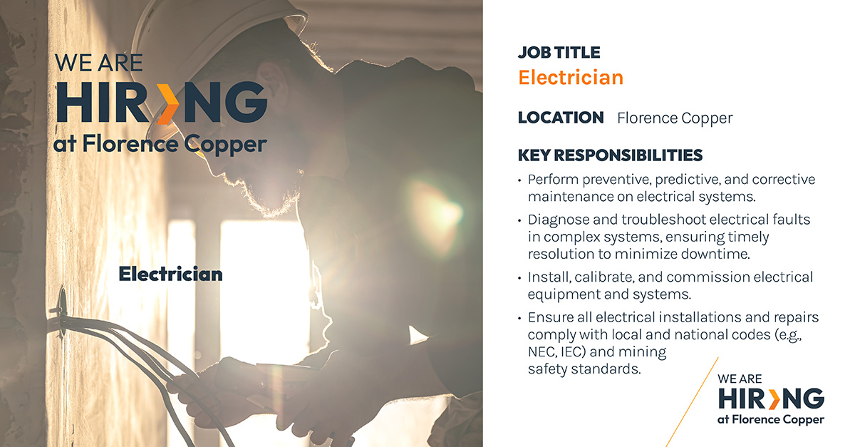 FlorenceCopper's tweet image. ⚡ Plug into a new opportunity ⚡ Florence Copper is hiring multiple Electricians! Competitive pay, great benefits, and a chance to "spark" your career. Apply today: florencecopper.com/open-positions…

#FlorenceAZ #Jobs #Electrician #NowHiring #MiningCareers @TasekoMines