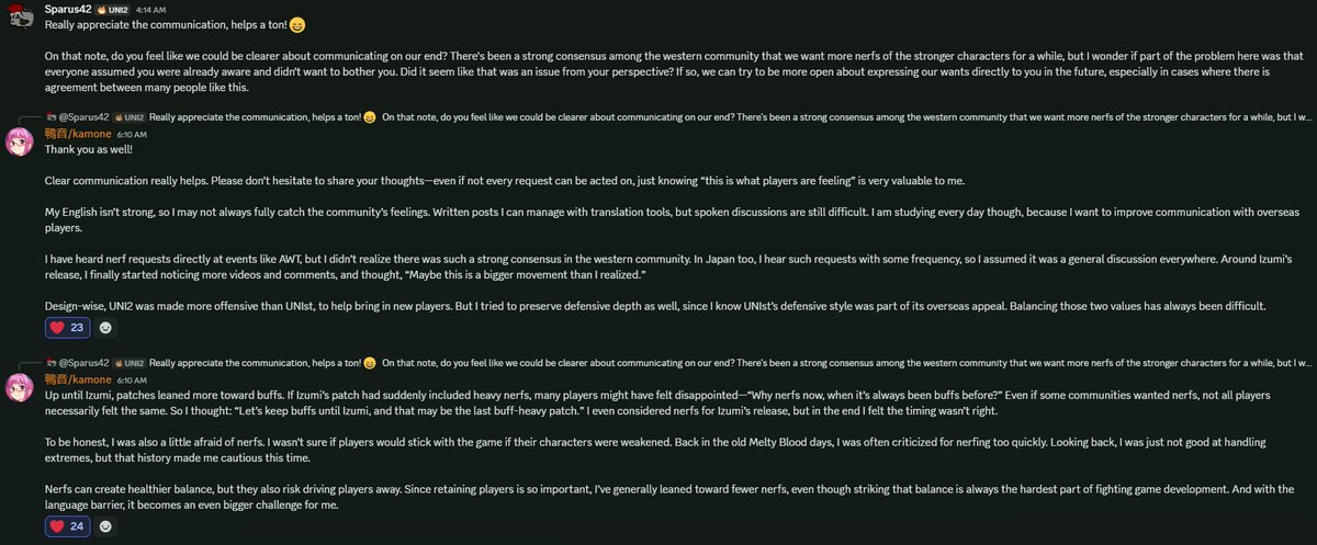 “Let’s keep buffs until Izumi, and that may be the last buff-heavy patch. I even considered nerfs for Izumi’s release, but in the end I felt the timing wasn’t right."

Kamone provided a lot of insight into the balance decisions in the inbirth discord. Kamone deeply loves 🔽