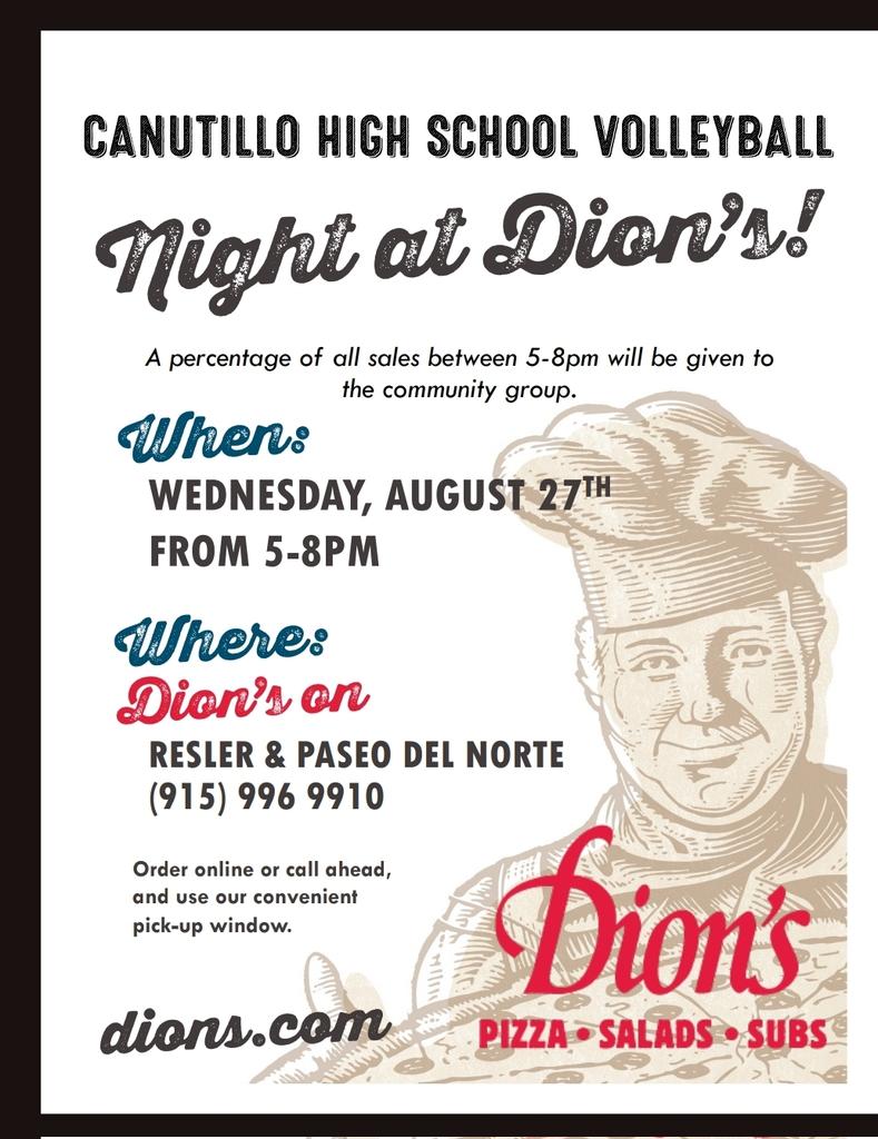 We are thrilled to announce our 1st annual volleyball community night at DIONS.  We will have players there to meet and greet and eat great food please join us