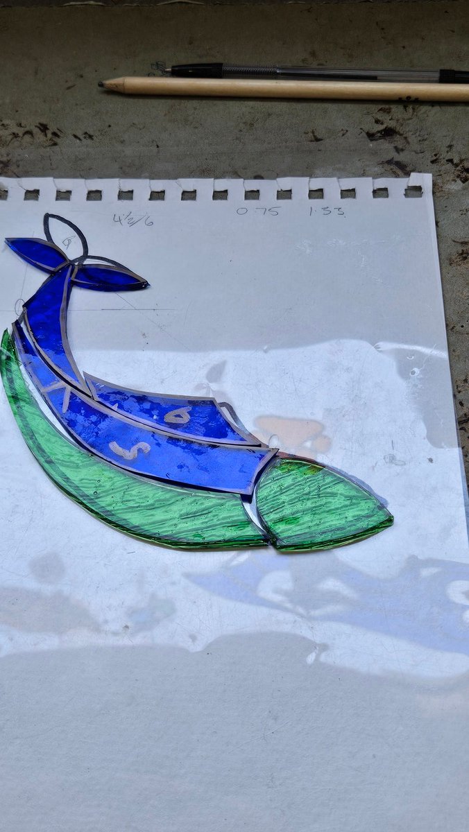 k8glassdesigns's tweet photo. #WIPWednesday A little fishy commission. Designed, glass selected, & cut ready for foiling. For those who are wondering, Phoebe has been finished but not delivered, so no sharing yet!#BearsAfloat #boatsthattweet #electricboats #Ortomader #stainedglass #buyitoffaboat #madeonaboat https://t.co/gQuUk9GDmp
