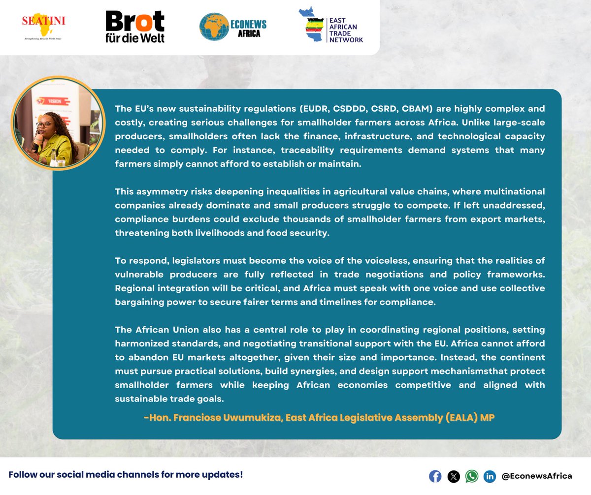 EconewsAfrica's tweet photo. @odariedgar @TradeMarkAfrica @AfricaTradeLink @ITCnews @Trade_Kenya @AU_ETTIM @RwandaTrade @IATP @Seedsavers_KE @LFAKenya @NFUDC @SEATINIUGANDA @the_iatp @IATPEurope The EU regulations are complicated &amp; burdensome for smallholder farmers, unlike #largescale ones who can afford compliance.

African countries can’t quit the EU market but must seek #practicalsolutions and synergies  to remain competitive while safeguarding #smallholderfarmers. https://t.co/aAOj6VUaep