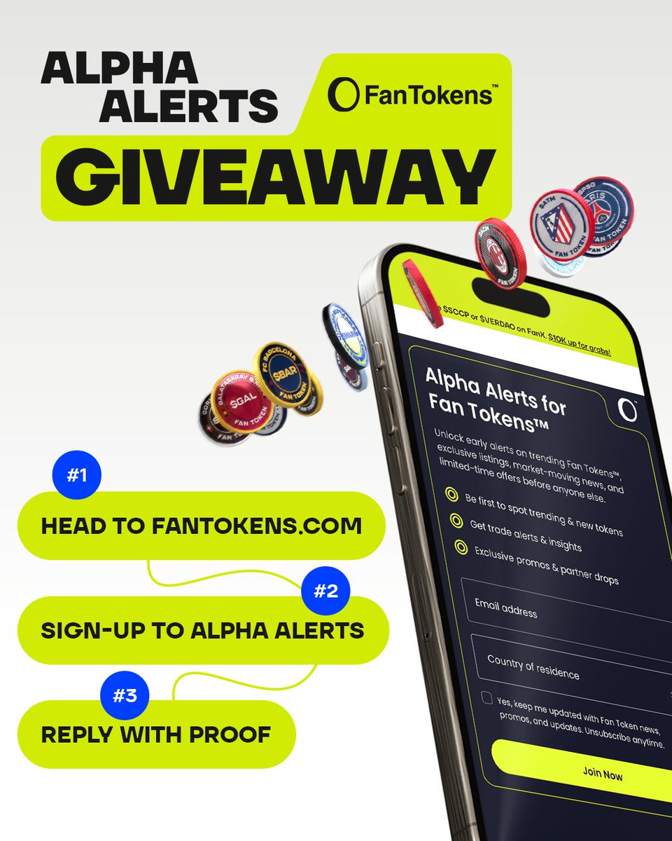 Fan Tokens™ (@fantokens) on Twitter photo #FanToken Giveaway | Alpha Alerts 🚨
𝐓𝐡𝐞 𝐒𝐭𝐞𝐩𝐬.
1️⃣ Follow
2️⃣ Like & Retweet
3️⃣ Reply with a screenshot of your Alpha Alerts sign-up confirmation
𝐓𝐡𝐞 𝐏𝐫𝐢𝐳𝐞.
📈 50 of the top trending Fan Token
🏆 5 Winners
👉 Must have a <a href="/Chiliz/">Chiliz - The Sports Blockchain</a> Chain address to claim the prize. #FanToken Giveaway | Alpha Alerts 🚨
𝐓𝐡𝐞 𝐒𝐭𝐞𝐩𝐬.
1️⃣ Follow
2️⃣ Like & Retweet
3️⃣ Reply with a screenshot of your Alpha Alerts sign-up confirmation
𝐓𝐡𝐞 𝐏𝐫𝐢𝐳𝐞.
📈 50 of the top trending Fan Token
🏆 5 Winners
👉 Must have a <a href="/Chiliz/">Chiliz - The Sports Blockchain</a> Chain address to claim the prize.