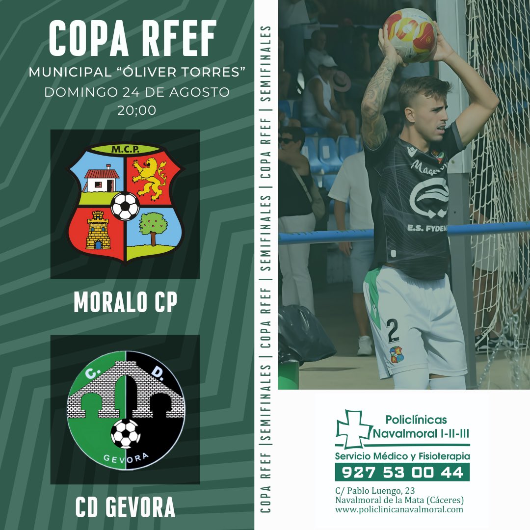 MORALO CP (@moralo_cp) on Twitter photo 💚¡Fin de semana de fútbol en el Municipal! 💚
Toca disfrutar a lo grande en casa:
⚽ Sábado 23 → Triangular en el Municipal
🆚 <a href="/Cfpozuelo/">CF Pozuelo</a>
🆚 <a href="/cfjaraiz/">Club de Fútbol Jaraíz.</a>
🏆 Domingo 24 → Semifinal de la Copa RFEF
🆚 <a href="/CdGevora/">Cʟᴜʙ Dᴇᴘᴏʀᴛɪᴠᴏ Gᴇ́ᴠᴏʀᴀ</a>
🔥 Dos días seguidos de fútbol, pasión y ambiente moralo.
📍 💚¡Fin de semana de fútbol en el Municipal! 💚
Toca disfrutar a lo grande en casa:
⚽ Sábado 23 → Triangular en el Municipal
🆚 <a href="/Cfpozuelo/">CF Pozuelo</a>
🆚 <a href="/cfjaraiz/">Club de Fútbol Jaraíz.</a>
🏆 Domingo 24 → Semifinal de la Copa RFEF
🆚 <a href="/CdGevora/">Cʟᴜʙ Dᴇᴘᴏʀᴛɪᴠᴏ Gᴇ́ᴠᴏʀᴀ</a>
🔥 Dos días seguidos de fútbol, pasión y ambiente moralo.
📍