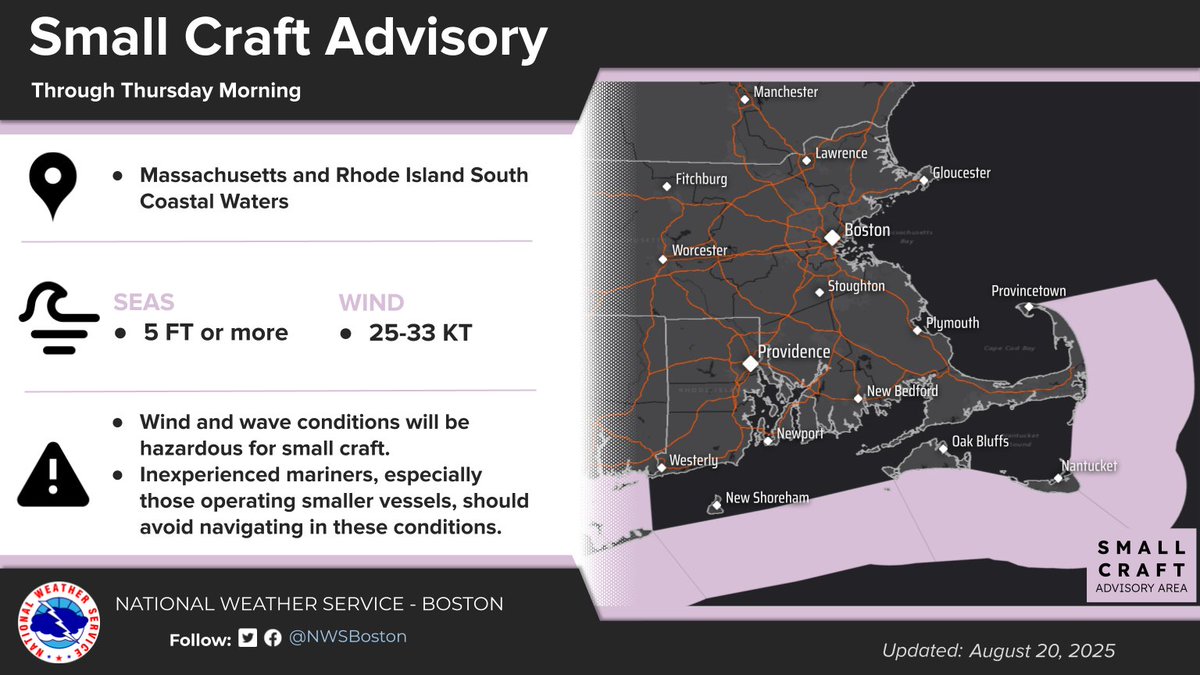 While Hurricane Erin will pass offshore, it's expected to bring hazardous conditions to MA coastal waters &amp; beaches.

🛥️ Small Craft Advisory &amp; Gale Watch – Boaters should alter plans to avoid dangerous conditions
🌊 High Surf Advisory –  Avoid swimming due to dangerous surf