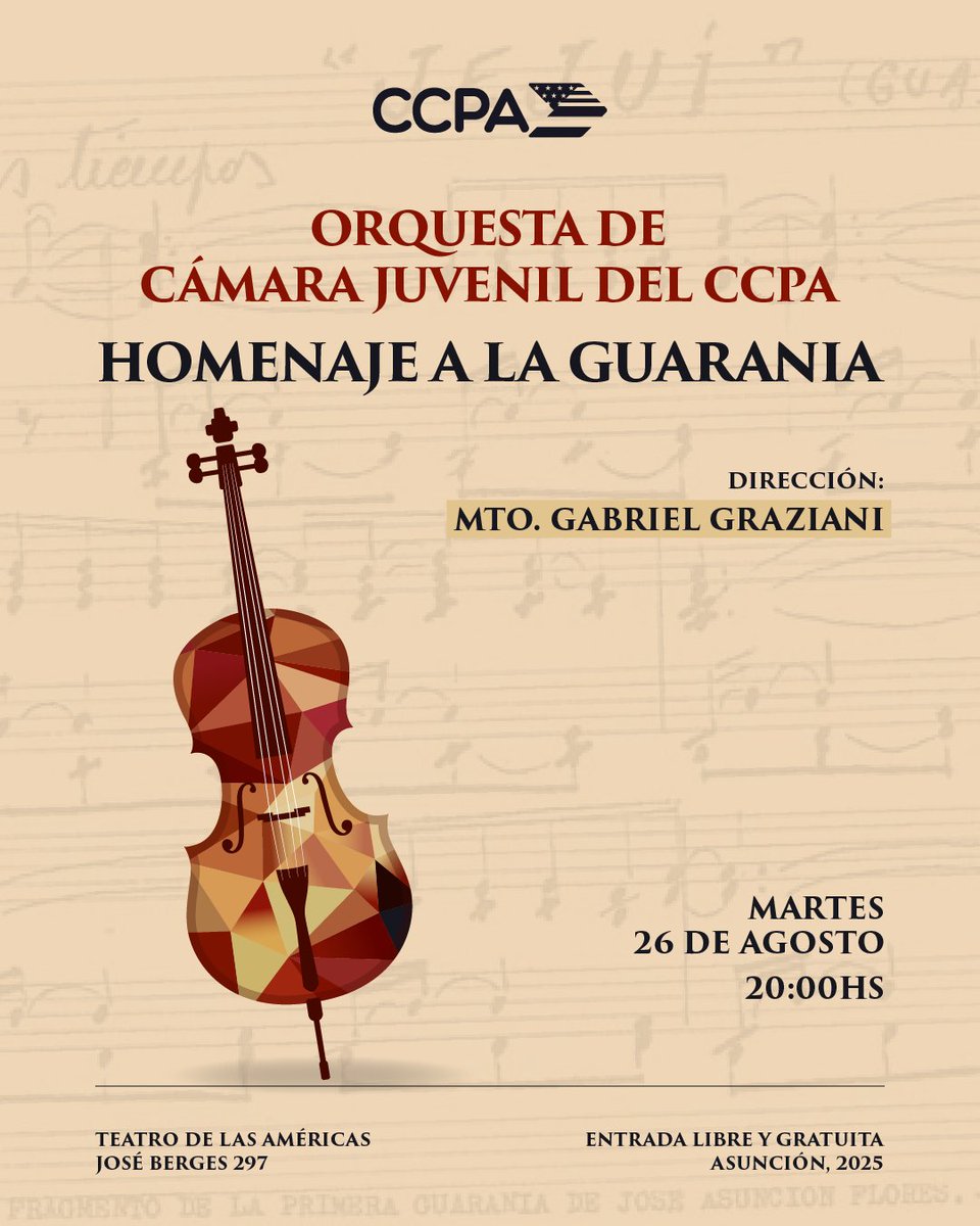 El programa estará dedicado a la GUARANIA y su conmemoración nacional del Día de la Guarania y nacimiento de su creador José Asunción Flores el 27 de agosto. Algunas de las obras a ser interpretadas serán: Paraguaya Linda, Galopera, Ñemity entre otras.
