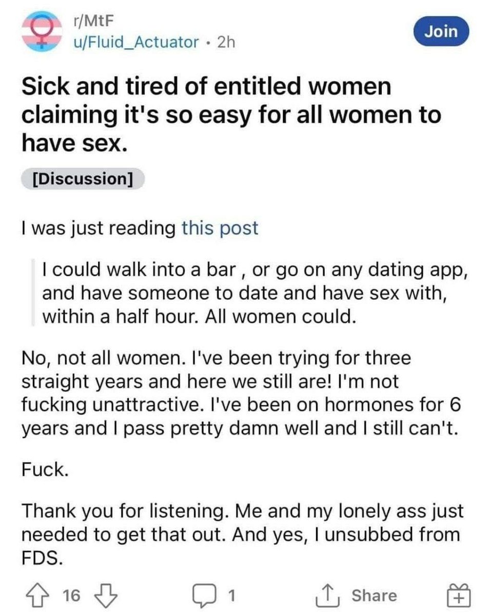 Could it be because…. Perhaps… you’re not actually a woman?

Nah, that can’t be it …