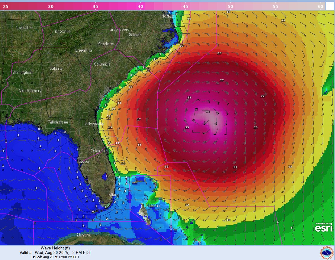 NHC_TAFB's tweet image. 8/20/2025: #HurricaneErin continues to produce a very large area of extremely large and hazardous seas in the SW Atlantic, with seas over 12 feet extending over 400 nm E of the center and waves near 50 feet closer to the center.  See hurricanes.gov/marine for forecast details.