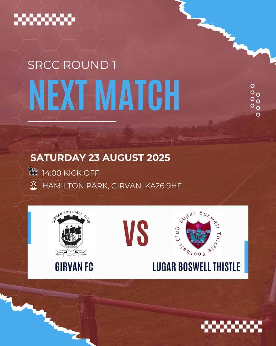 Lugar Boswell Thistle FC (@lugarfc1878) on Twitter photo 🛣️| 𝑵𝑬𝑿𝑻 𝑴𝑨𝑻𝑪𝑯
We head to Girvan this weekend as we return to league action.
🆚<a href="/Girvanfc/">Girvan Football Club</a>
⏰14:00 KO
📆Saturday 23 August 2025
🏟️Hamilton Park, Girvan, KA26 9HF
🏆<a href="/OfficialWoSFL/">West of Scotland Football League 🏴</a> Third Division 🛣️| 𝑵𝑬𝑿𝑻 𝑴𝑨𝑻𝑪𝑯
We head to Girvan this weekend as we return to league action.
🆚<a href="/Girvanfc/">Girvan Football Club</a>
⏰14:00 KO
📆Saturday 23 August 2025
🏟️Hamilton Park, Girvan, KA26 9HF
🏆<a href="/OfficialWoSFL/">West of Scotland Football League 🏴</a> Third Division