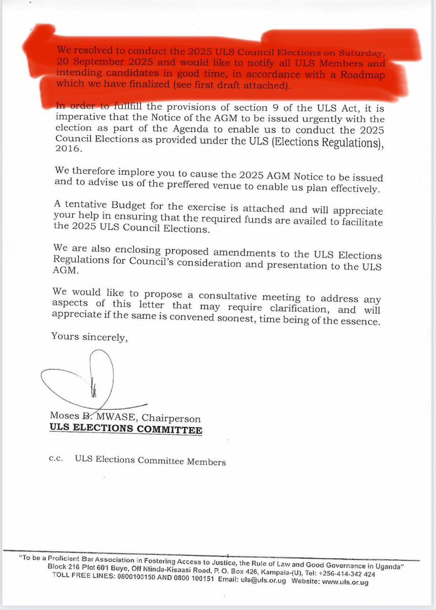 KIIZA ERON (@kiizaeron) on Twitter photo COMRADES, the <a href="/ug_lawsociety/">Uganda Law Society</a> Elections Committee has written to the ULS Vice President demanding for a General Meeting Notice and a budget to conduct elections for a new ULS Council since the current term expires on 27th September 2025. This is in a accordance with the law. COMRADES, the <a href="/ug_lawsociety/">Uganda Law Society</a> Elections Committee has written to the ULS Vice President demanding for a General Meeting Notice and a budget to conduct elections for a new ULS Council since the current term expires on 27th September 2025. This is in a accordance with the law.