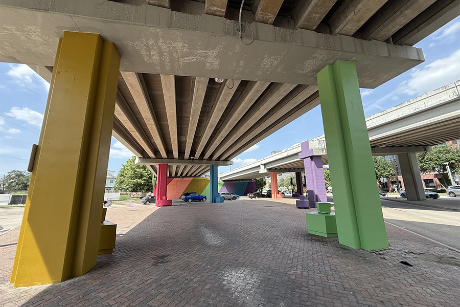 TxDOTHouston's tweet photo. Beneath the overpass at Spur 527 and Milam Street, a once-forgotten stretch of concrete has been transformed into a vibrant public gallery with a new mural, marking the beginning of a larger effort to enhance intersections throughout the city. https://t.co/cOUdyZr10G. https://t.co/eo1ivQfUaa