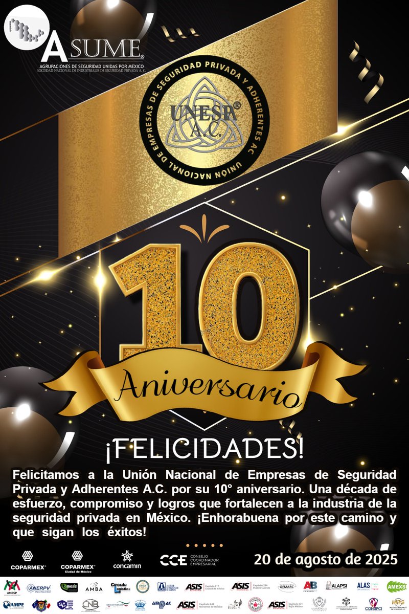 🔰 Celebramos con gran orgullo el 10° aniversario de <a href="/PrivadaUnespa/">UNESPA-Seguridad Privada</a>, una década marcada por el compromiso, la unidad y la visión que han contribuido al fortalecimiento de la industria de la seguridad privada en México.

¡Nuestros mejores deseos y que continúen los éxitos!