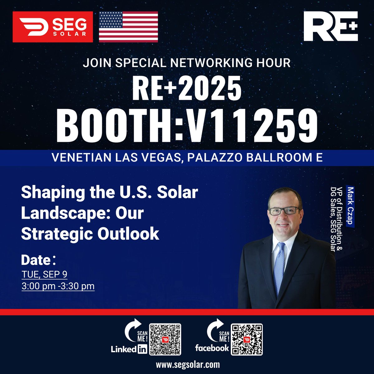 Join us at Booth V11259 as Mark Czap, VP of Distribution &amp; DG Sales at SEG Solar, presents "Shaping the U.S. Solar Landscape: Our Strategic Outlook"

📅 Tuesday, Sept 9, 2025
🕒 3:00-3:30 PM
📍 The Venetian Expo, Las Vegas

#SEGsolar #RE2025 #Solar #RenewableEnergy