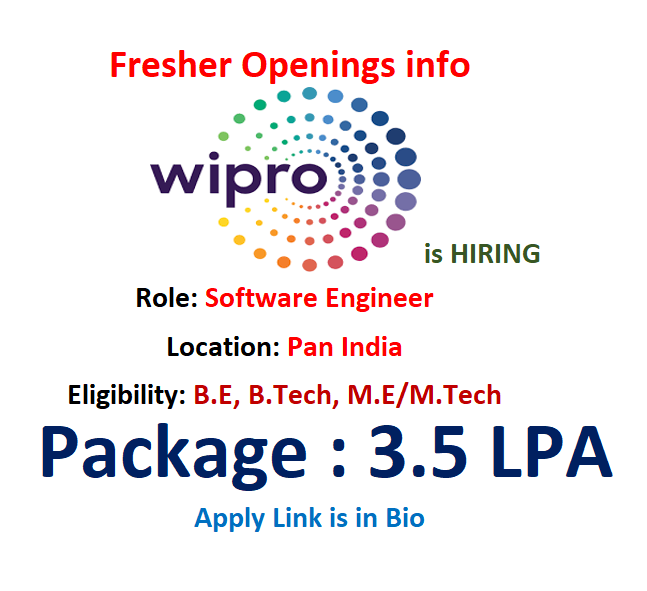 Wipro is hiring #Freshers for #Software Engineer. 

Location: Pan India

Package: 3.5 LPA

Qualification: B.E./B. Tech. (Compulsory Degree) / ME / MTech - 5 Year Integrated courses from 2025 Batch with Minimum 60% in Academics.

Link: app.joinsuperset.com/join/#/signup/…

#Wipro