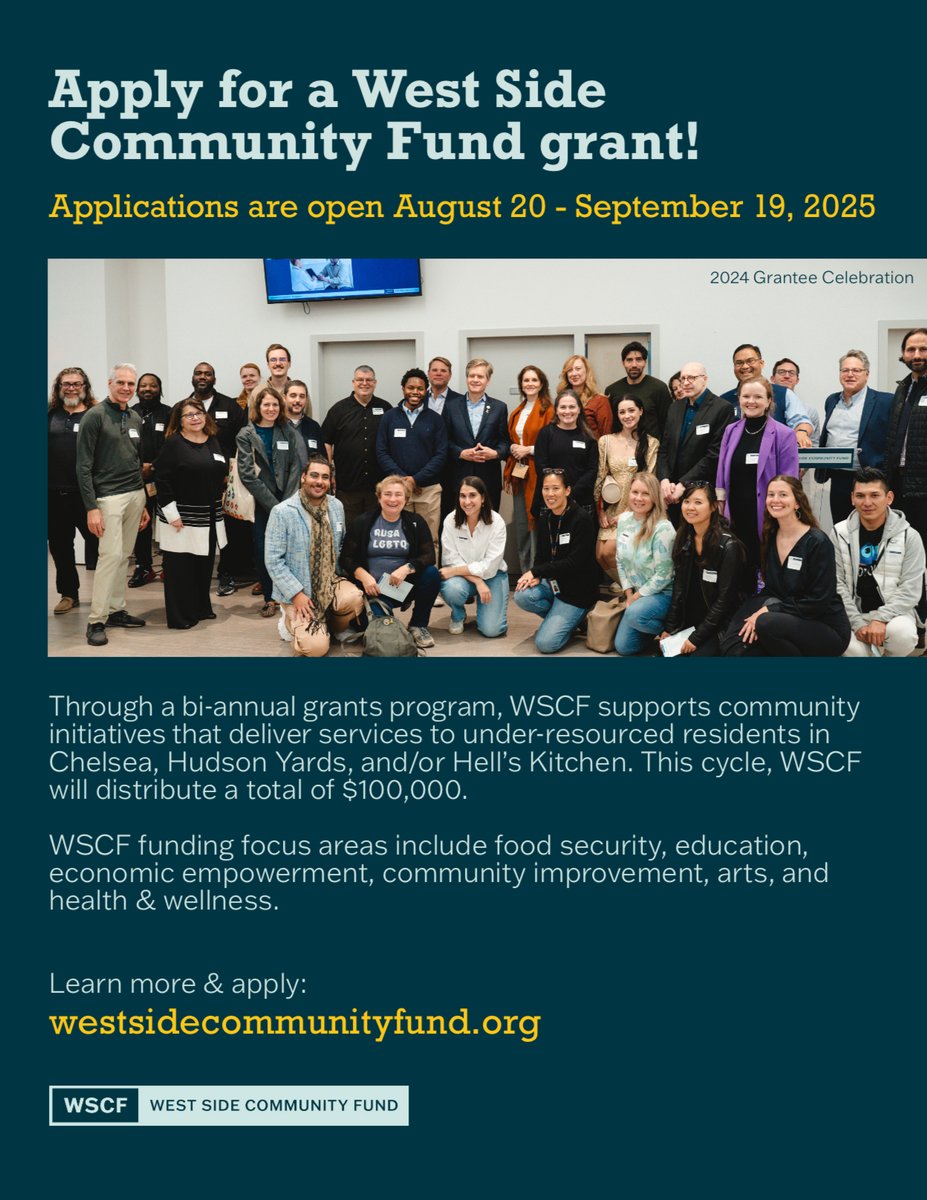 Applications for the West Side Community Fund's Fall '25 grant cycle open today through Friday, September 19th: westsidecommunityfund.org/grant-opportun…

#fundthewestside 
#westsidecommunityfund #microgrants #westside #grantopportunity