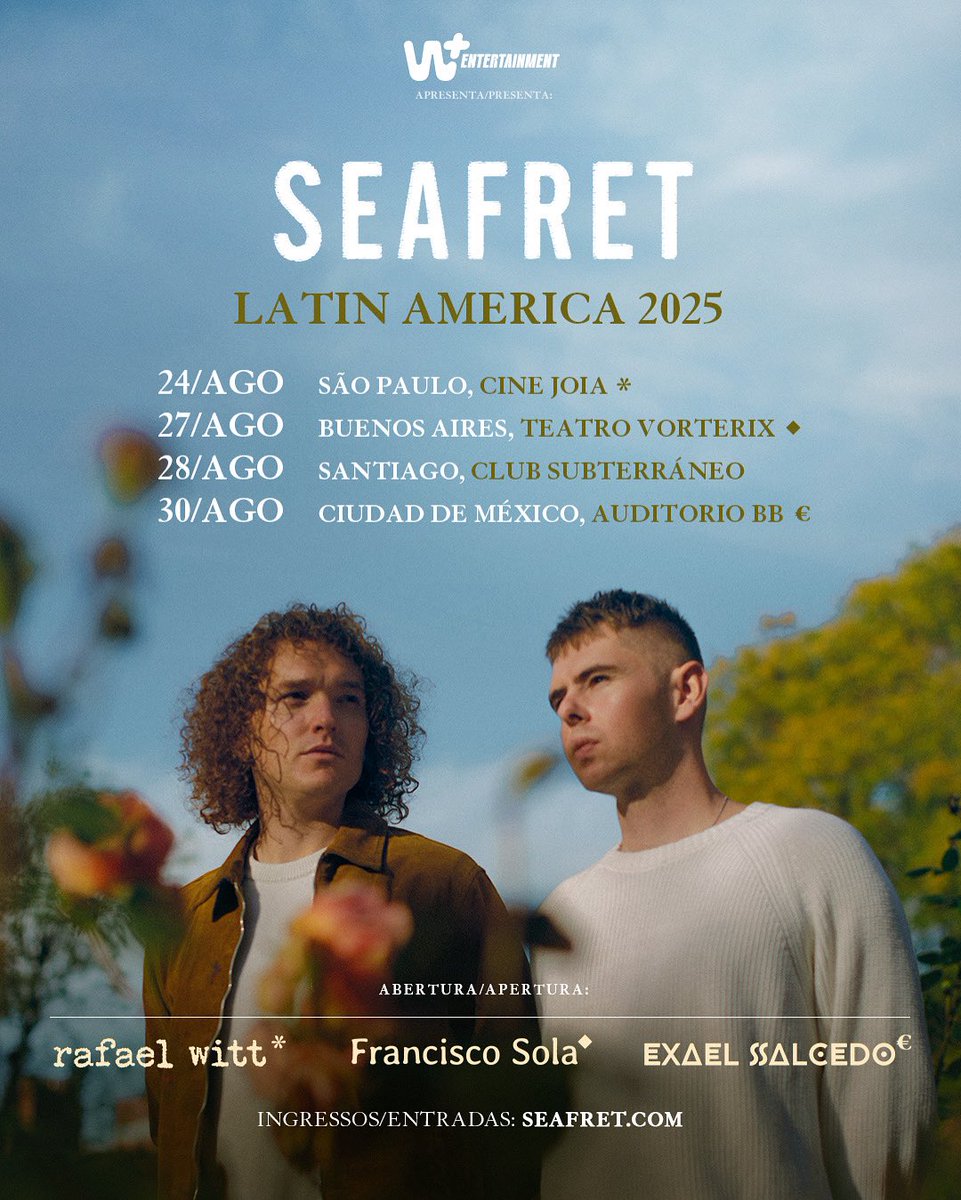 In just a few days we head out to Latin America and we can’t wait!! ❤️🙏 
Buzzing to have Rafael Witt, <a href="/FranciscoSol6/">Francisco Sola</a>, and <a href="/ExaelSalcedo/">Exael Salcedo Garcés</a> support us, so make sure you get down early to the shows.
Last available tickets available here: linktr.ee/Seafret