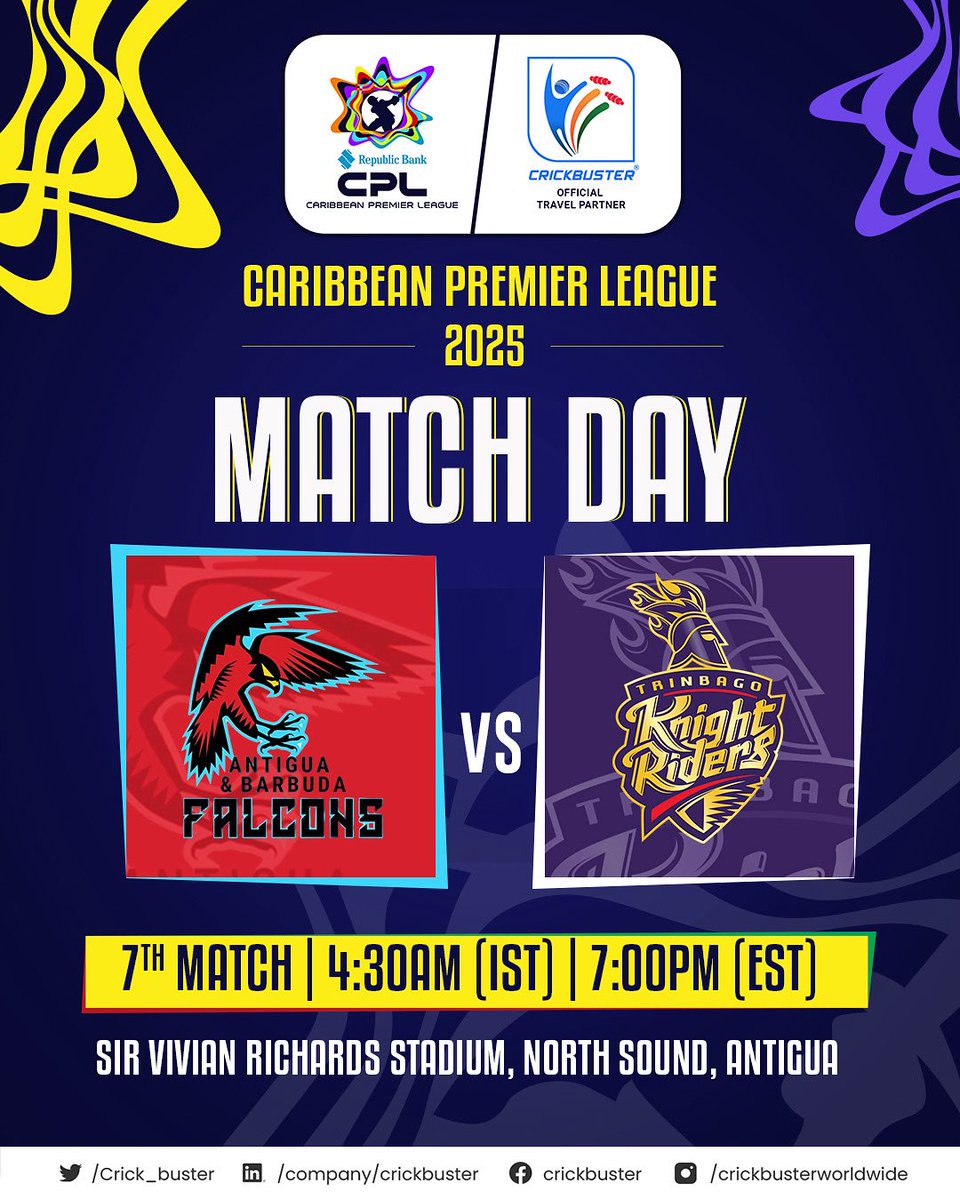 It’s Match Day! 🔥 
Antigua &amp; Barbuda Falcons take on Trinbago Knight Riders in the 7th match of CPL 2025. 
Catch the action live from Sir Vivian Richards Stadium, North Sound, Antigua – 7:00 PM (EST) | 4:30 AM (IST). 🏏

#CPL25 #ABFvTKR #Crickbuster #BiggestPartyInSport