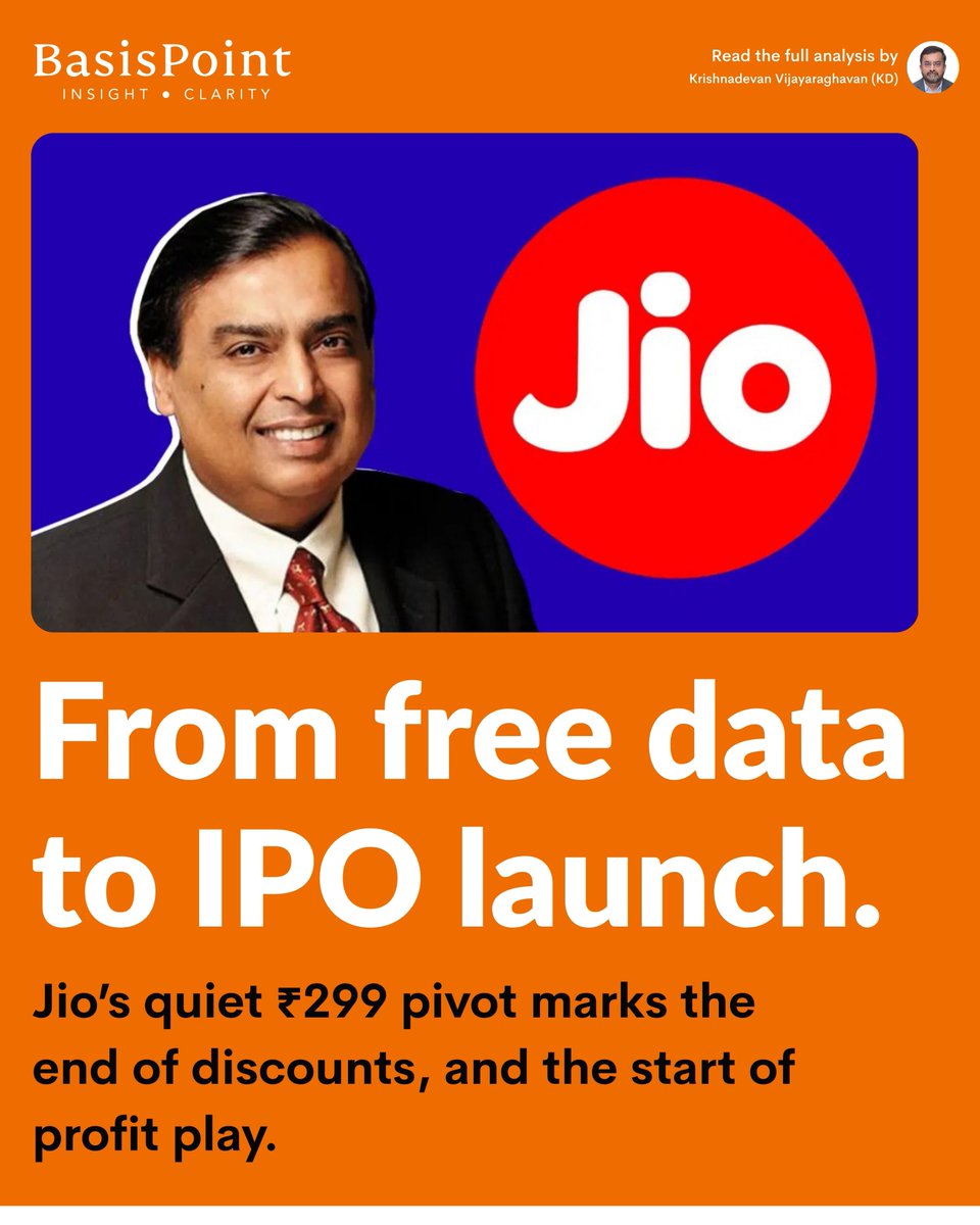 Jio’s early years were about free data, fire-sale plans, and grabbing subscribers. That phase is over.

By dropping its ₹249 plan and making ₹299 the new entry point, Ambani is writing a different story, one about higher ARPU, sector-wide price discipline, and IPO valuations.