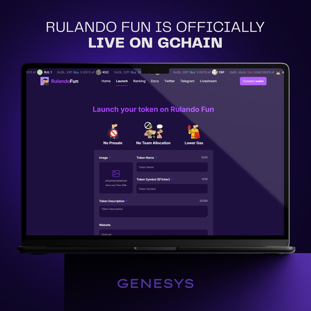 Genesys Network (Mainnet is live) Blue20 (@genesyschain) on Twitter photo The wait is finally over!
<a href="/Rulando_Fun/">Rulando.Fun🔑🧲</a> is now live on GChain!
You can launch your own memecoin in seconds!
Just you, your meme, and $GSYS powering the entire process.
Launch! Trade. Earn! Burn.
#GenesysMemeSeason The wait is finally over!
<a href="/Rulando_Fun/">Rulando.Fun🔑🧲</a> is now live on GChain!
You can launch your own memecoin in seconds!
Just you, your meme, and $GSYS powering the entire process.
Launch! Trade. Earn! Burn.
#GenesysMemeSeason