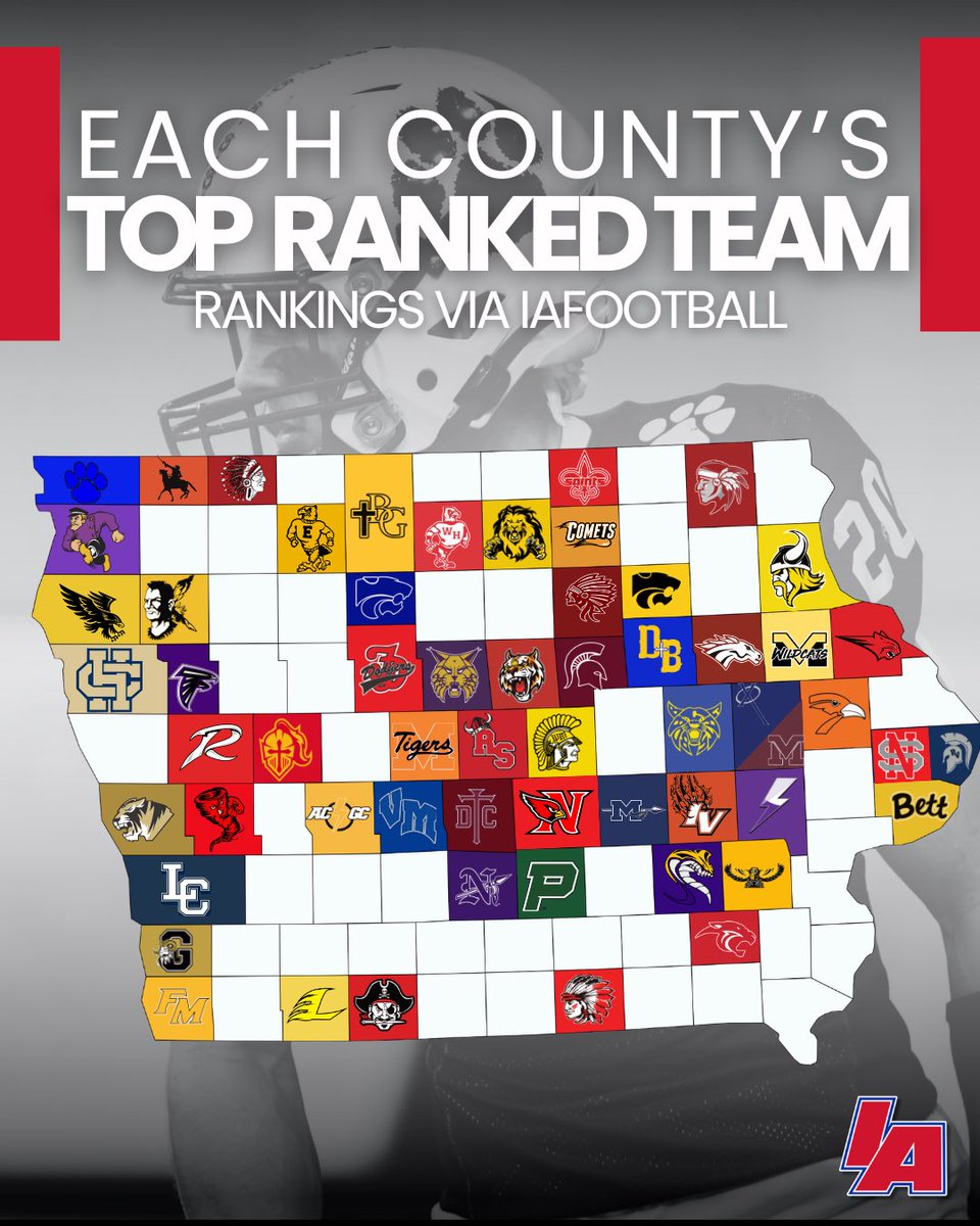 Each county’s top ranked #iahsfb team…

Rankings via IAfootball’s pre-season poll.

#IAfootball X #iahsfb