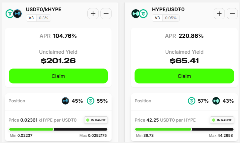 更新后的截图，显示 USDT0/kHYPE 和 HYPE/USDT0 池中的累计收益