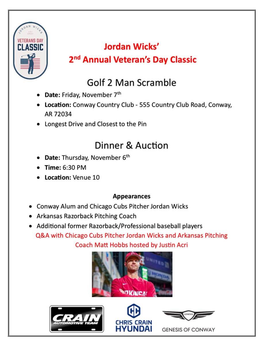 The 2nd Annual Jordan Wicks Veteran’s Day Classic is right around the corner!!  The Wicks Foundation for Veterans partners with the Arkansas Guard Foundation to make an impact right here in Central Arkansas!!

Secure your spot today by going to 
wicksgolfclassic.com