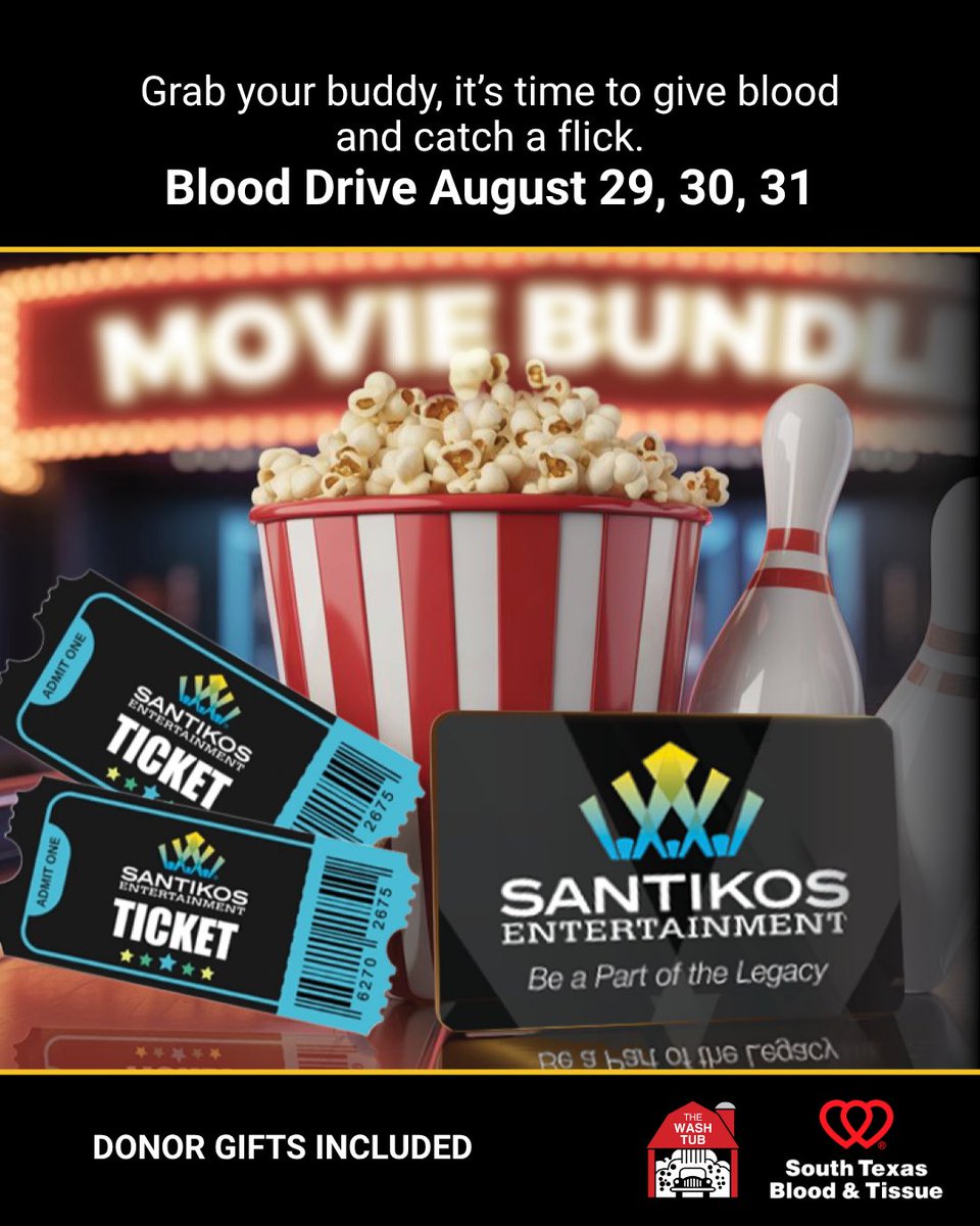 🎬 Roll up your sleeve, catch a flick, and get rewarded!
Donate blood at select Wash Tub locations Aug 29–31 &amp; score:
🎟️ 2 movie tickets
🕹️ Game card
🎳 Bowling discount
🥤 Snack deal
🚘 FREE car wash

Kerrville: $20 eGift card + wash!

southtexasblood.org/washtub

@southtexasblood