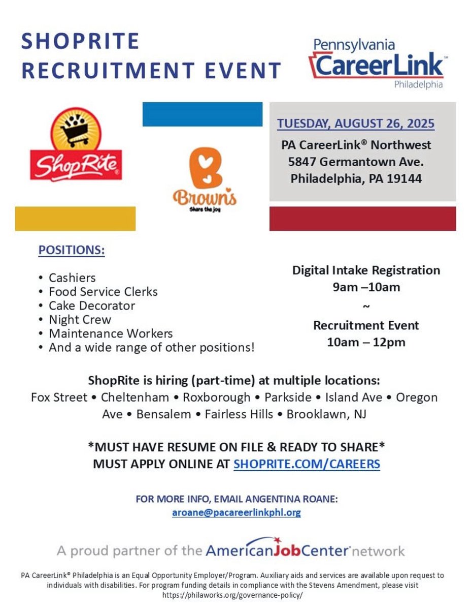 Councilmember Jim Harrity (@cm_jimharrity) on Twitter photo ๐ ShopRite is hiring! Join the Recruitment Event w/ PA CareerLinkยฎ Philly.
๐
Aug 26 | โฐ 9โ12 PM
๐ 5847 Germantown Ave
Positions: Cashiers, Food Service, Cake Decorators, Night Crew & more!
โก๏ธ Apply online: shoprite.com/careers
๐ง aroane@pacareerlinkphl.org ๐ ShopRite is hiring! Join the Recruitment Event w/ PA CareerLinkยฎ Philly.
๐
Aug 26 | โฐ 9โ12 PM
๐ 5847 Germantown Ave
Positions: Cashiers, Food Service, Cake Decorators, Night Crew & more!
โก๏ธ Apply online: shoprite.com/careers
๐ง aroane@pacareerlinkphl.org