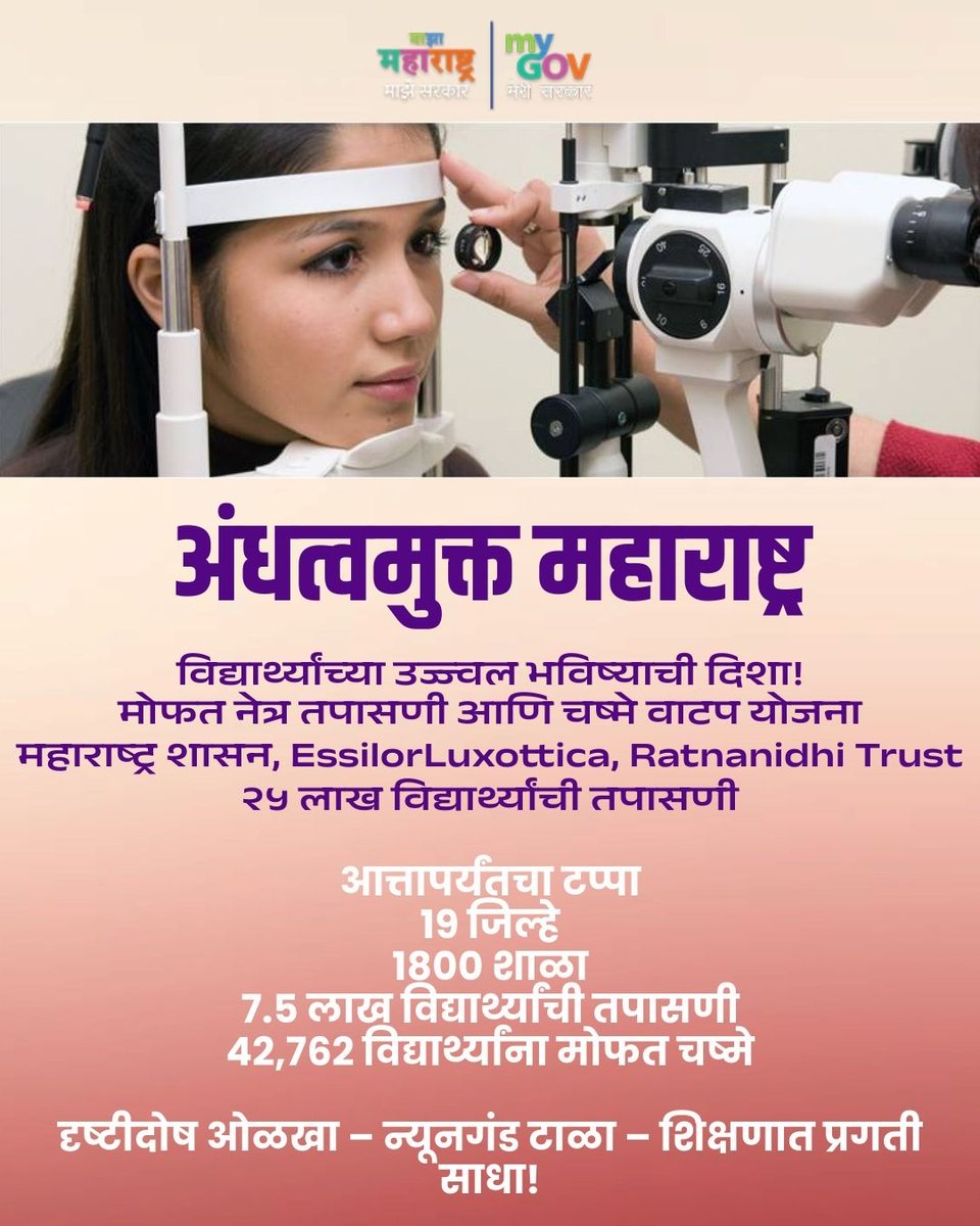 MahaMyGov's tweet image. अंधत्वमुक्त महाराष्ट्र उज्ज्वल भविष्याची दिशा!

शालेय विद्यार्थ्यांसाठी मोफत नेत्र तपासणी व चष्मा वाटप योजना २५ लाख विद्यार्थ्यांचे लक्ष्य आतापर्यंत ७.५ लाख विद्यार्थ्यांची तपासणी पूर्ण १९ जिल्हे, १८०० शाळा, ४२,७६२ विद्यार्थ्यांना मोफत चष्म्यांचे वाटप.
#freeeyetest  #maharashtra