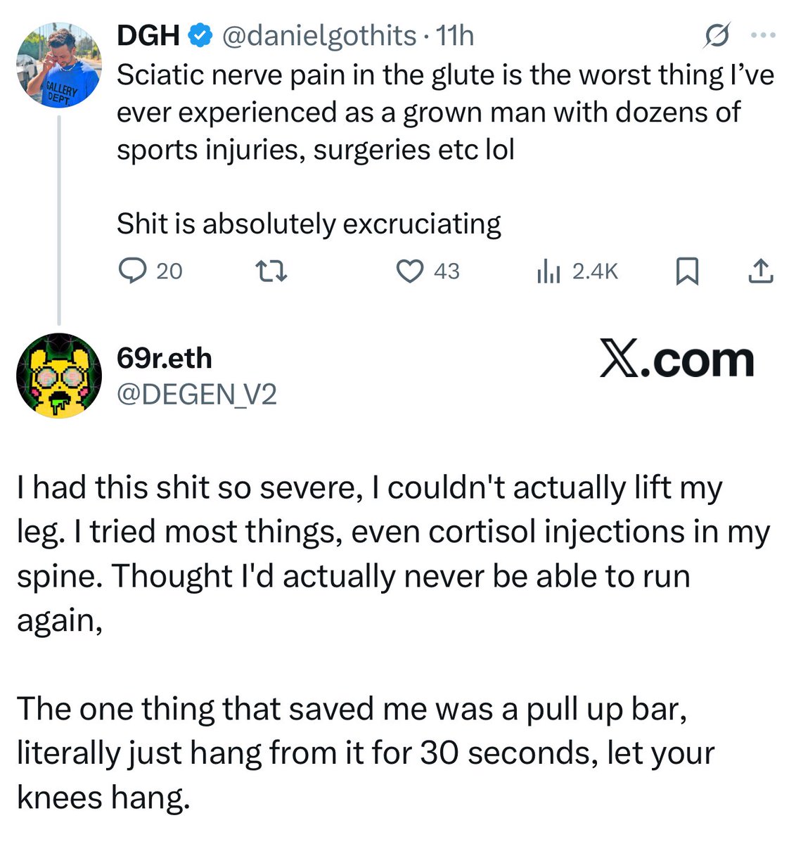 &gt; be me
&gt; agonizing pinched nerve in my glute for 6 months
&gt; tried everything, spent thousands on PT/acupuncture/chiro/etc
&gt; depressed, 800mg ibuprofen daily, can barely walk some days
&gt; CT anon says “hang on a bar for 30 seconds”
&gt; spine unlocks, pain instantly gone lol
&gt; wtf