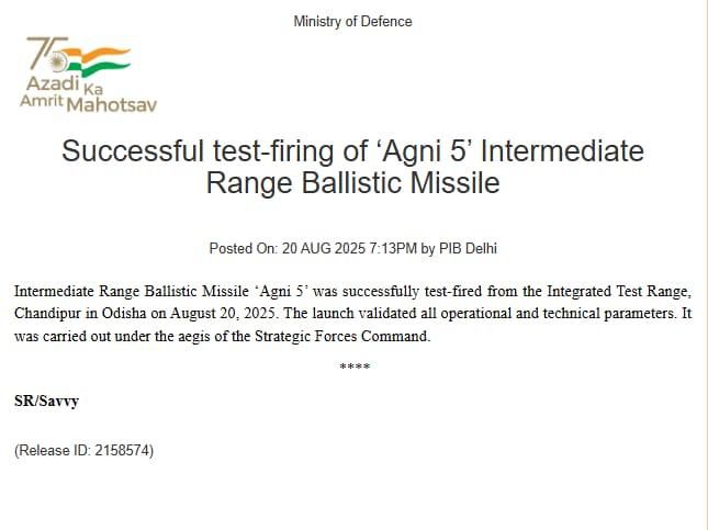 Today, India once again proved its self-reliance and scientific excellence by successfully test-firing the Agni-5 missile from Chandipur, Odisha. This is a statement in this testing time that India stands tall, strong, and confident in its indigenous innovation, which puts our