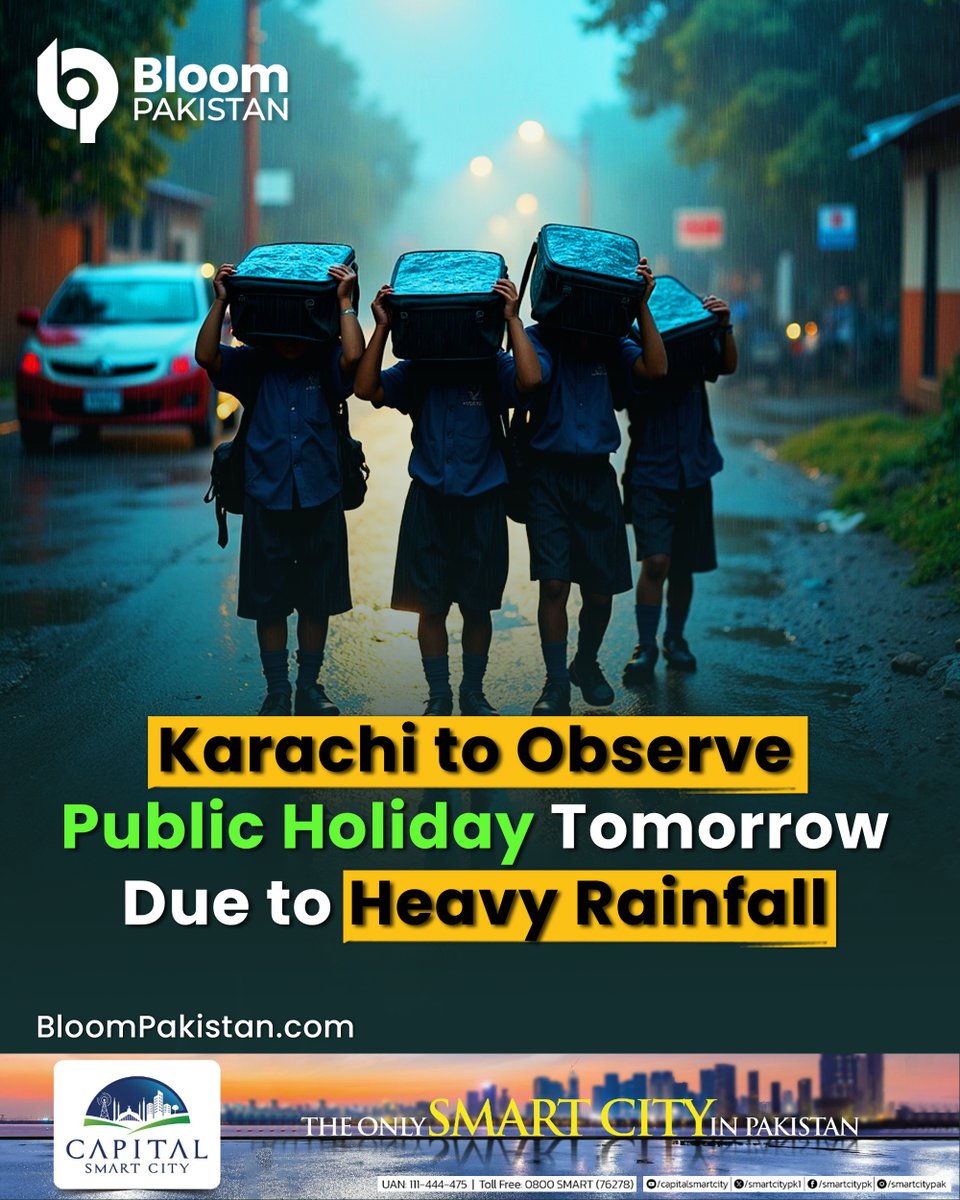 bloom_pakistan's tweet image. Karachi to Observe Public Holiday Tomorrow Due to Heavy Rainfall

Read More:
bloompakistan.com

#BloomPakistan @SindhGovtPk  #KarachiHoliday #PublicHoliday #HeavyRainfall #RainAlert #KarachiWeather #WeatherUpdate #StaySafeKarachi #RainImpact