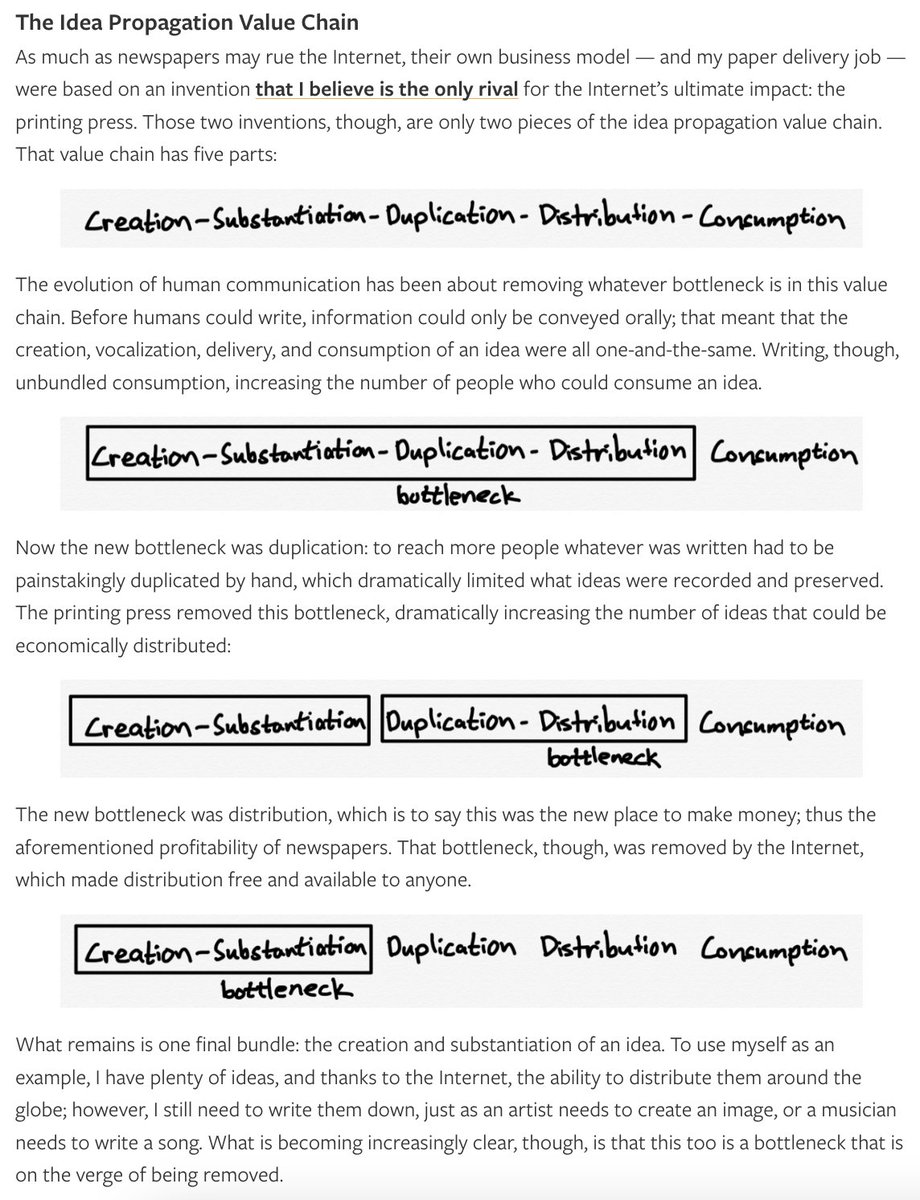 nikhil (@uninsightful) on Twitter photo really like <a href="/benthompson/">Ben Thompson</a>'s articulation of the idea propagation stack. very known concepts, but well structured
printing press commoditized duplication
internet commoditized distribution
ai commoditizes substantiation
leaving zero friction between ideas and consumption really like <a href="/benthompson/">Ben Thompson</a>'s articulation of the idea propagation stack. very known concepts, but well structured
printing press commoditized duplication
internet commoditized distribution
ai commoditizes substantiation
leaving zero friction between ideas and consumption