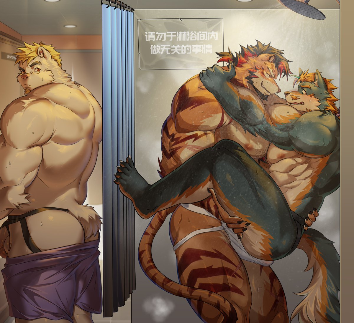 "Two guests, please do not engage in indecent activities in the shower room, okay?"
 "Guests?" 
Listening to the splashing sounds that even the water couldn't cover—
 "Never mind, just pretend you didn't hear it..."