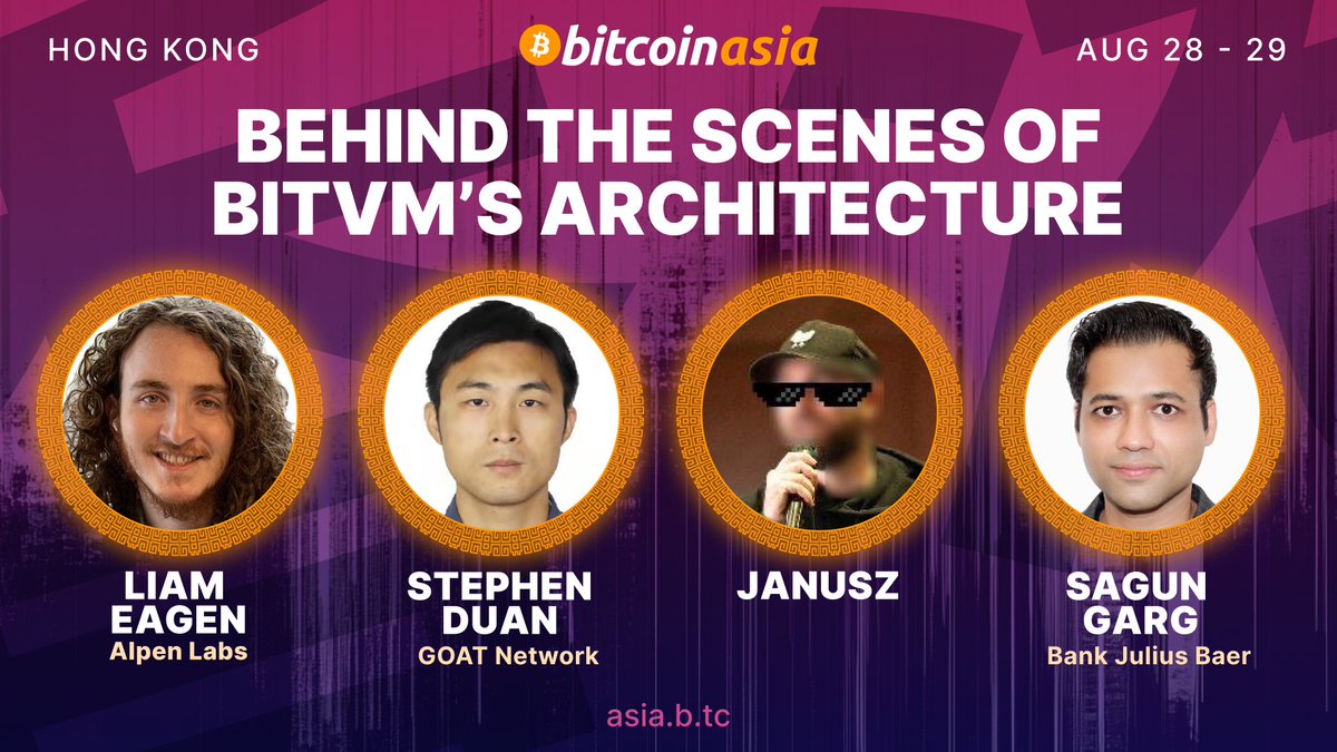 GOAT Network 🟡 (@goatrollup) on Twitter photo Join GOAT Network Dev Lead <a href="/sd_eigen/">Stephen Duan</a> with <a href="/liameagen/">Liam Eagen</a> of <a href="/AlpenLabs/">Alpen</a> & <a href="/januszg_/">janusz</a> for the panel “Behind the Scenes of BitVM’s Architecture” moderated by <a href="/sagungarg/">Sagun Garg (1.01³⁶⁵ = 37.78x)</a> (Bank Julius Baer) on Genesis Stage <a href="/BitcoinConfAsia/">BitcoinConfAsia</a>!
Tickets: asia.b.tc
🗓 28 August | 11:00–11:30 AM Join GOAT Network Dev Lead <a href="/sd_eigen/">Stephen Duan</a> with <a href="/liameagen/">Liam Eagen</a> of <a href="/AlpenLabs/">Alpen</a> & <a href="/januszg_/">janusz</a> for the panel “Behind the Scenes of BitVM’s Architecture” moderated by <a href="/sagungarg/">Sagun Garg (1.01³⁶⁵ = 37.78x)</a> (Bank Julius Baer) on Genesis Stage <a href="/BitcoinConfAsia/">BitcoinConfAsia</a>!
Tickets: asia.b.tc
🗓 28 August | 11:00–11:30 AM