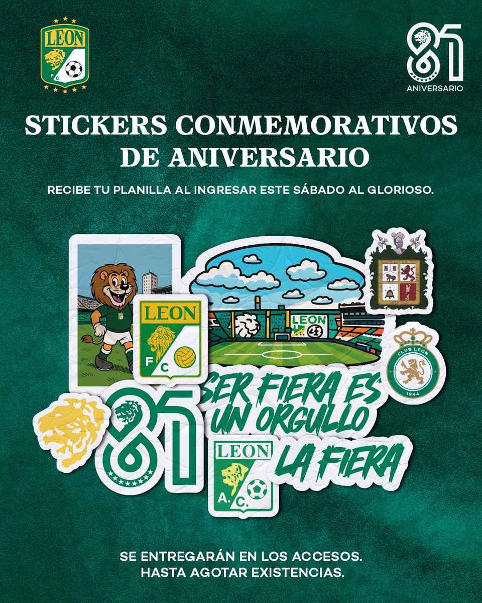 ¡FIERASTICKERS! 🦁

Nuestro 81 Aniversario tiene mucho pegue. 💚

Este sábado llega temprano al Glorioso 🏟️ y recibe tu planilla en los accesos. 

Hasta agotar existencias.
