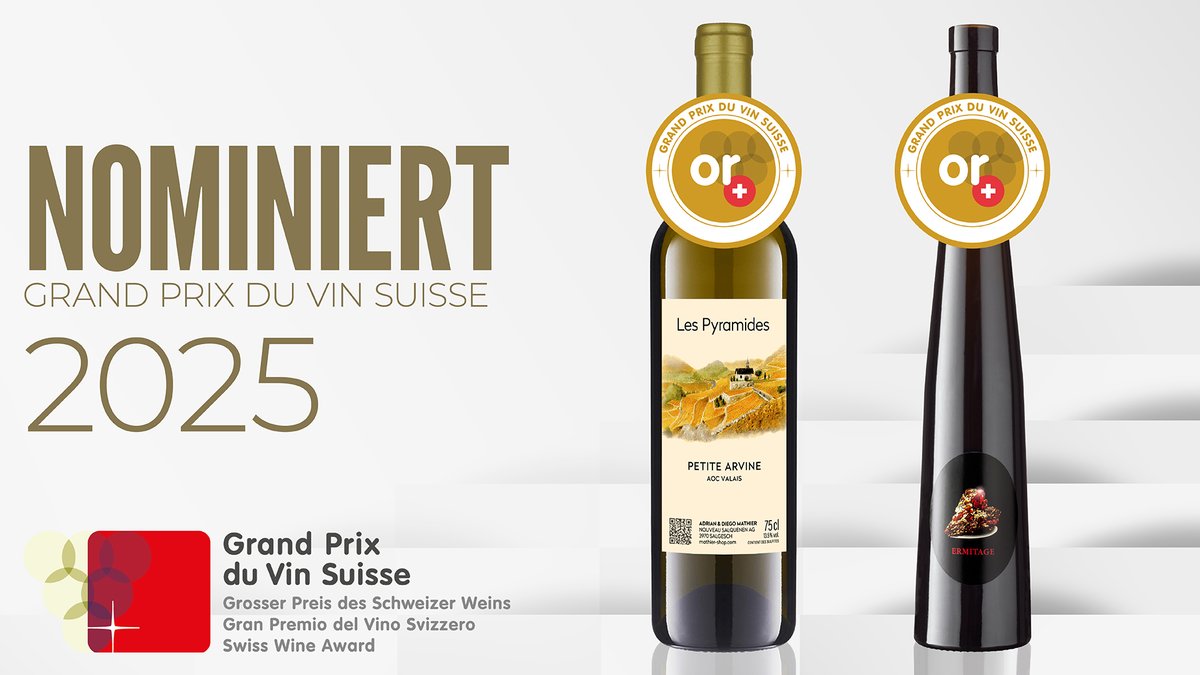 NouveauAG's tweet image. International bereits mehrfach prämiert, streben Petite Arvine Les Pyramides und Gemma Ermitage Rubin Valais AOC erneut nach der Krönung in ihrer Kategorie am Grand Prix des Vins Suisses.

🌐 mathier.com/aktuelles/nomi…

#mathier #diegomathier #wallis #salgesch #walliserwein #gpvs