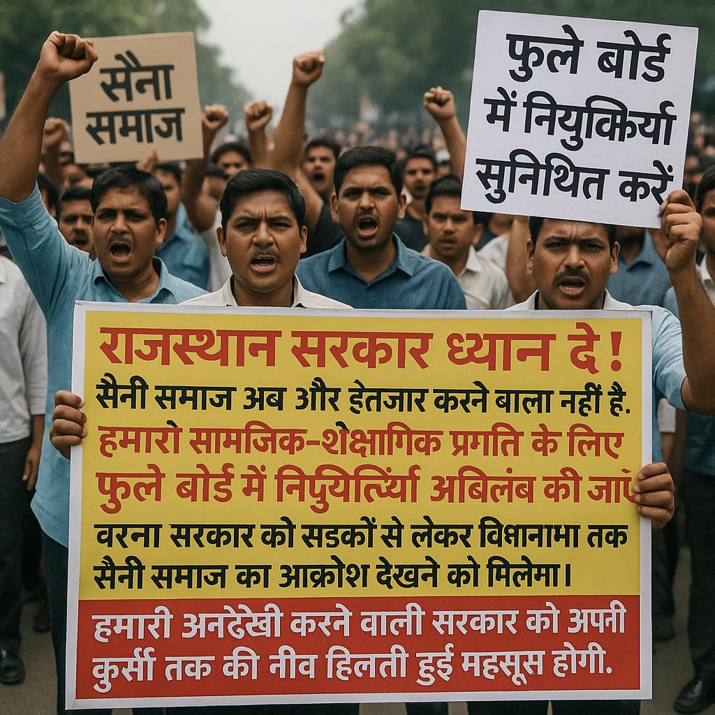 Sandeep Saini (@sandeepsaini__) on Twitter photo राजस्थान सरकार ध्यान दे!
सैनी समाज अब और इंतजार करने वाला नहीं है।
हमारी सामाजिक-शैक्षणिक प्रगति के लिए फुले बोर्ड में नियुक्तियाँ अविलंब की जाएं, वरना सरकार को सड़कों से लेकर विधानसभा तक सैनी समाज का आक्रोश देखने को मिलेगा।
<a href="/BhajanlalBjp/">Bhajanlal Sharma</a>
<a href="/avinashgehlot__/">Office Of MLA Avinash Gehlot</a> राजस्थान सरकार ध्यान दे!
सैनी समाज अब और इंतजार करने वाला नहीं है।
हमारी सामाजिक-शैक्षणिक प्रगति के लिए फुले बोर्ड में नियुक्तियाँ अविलंब की जाएं, वरना सरकार को सड़कों से लेकर विधानसभा तक सैनी समाज का आक्रोश देखने को मिलेगा।
<a href="/BhajanlalBjp/">Bhajanlal Sharma</a>
<a href="/avinashgehlot__/">Office Of MLA Avinash Gehlot</a>