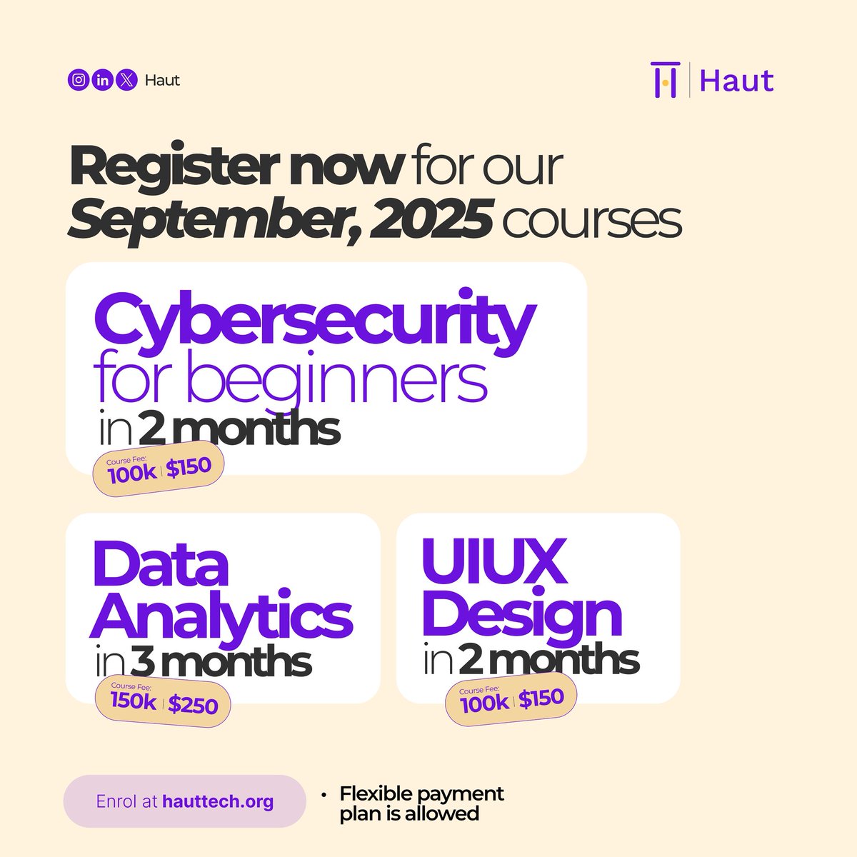 Want to start a career in tech from scratch? 🌟

Join our September 2025 beginner-friendly courses:
🔐 Cybersecurity (2 months)
📊 Data Analytics (3 months)
🎨 UI/UX Design (2 months)

💡 No prior experience needed + flexible payment plans!
⏳ Registration closes September 12th,
