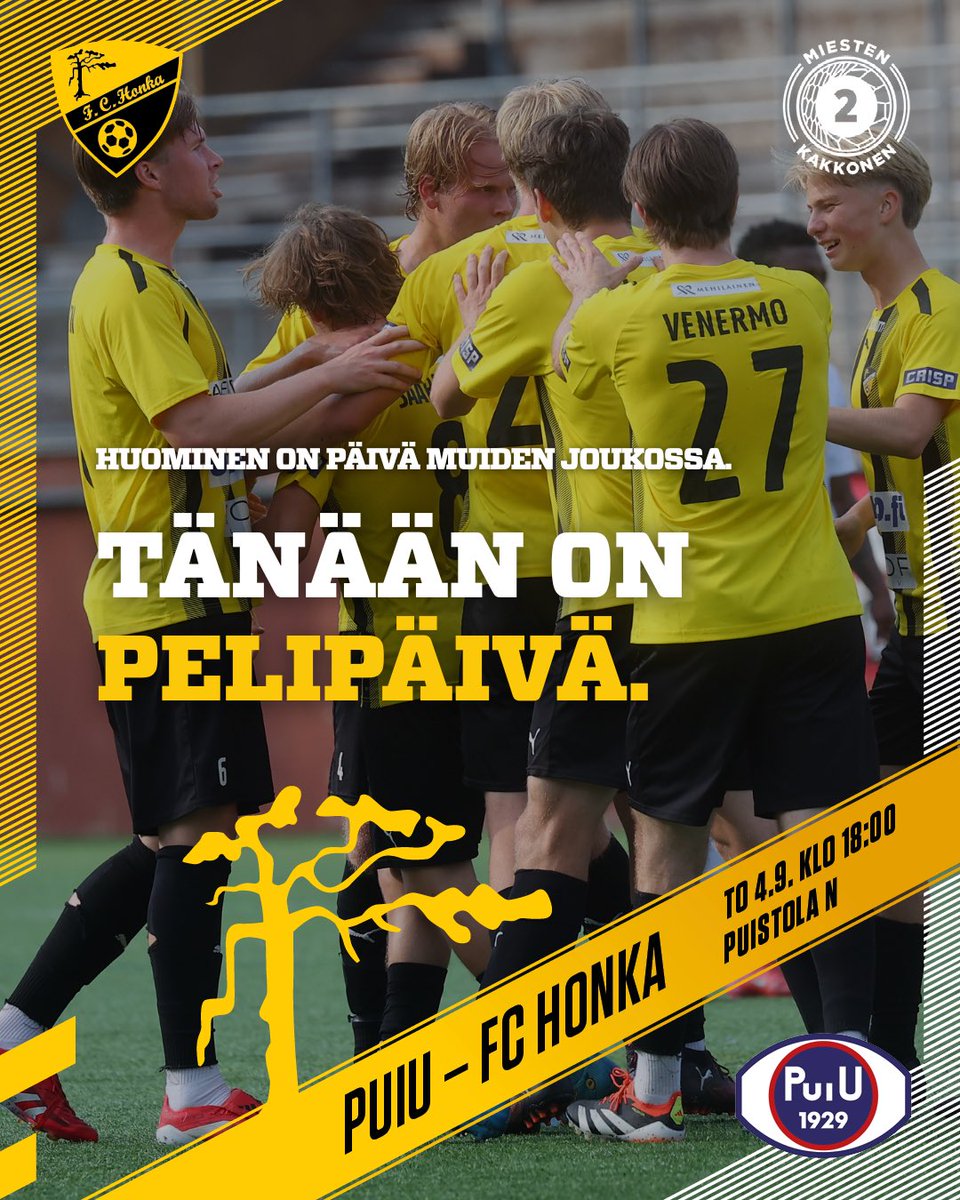 𝐇𝐮𝐨𝐦𝐢𝐧𝐞𝐧 𝐨𝐧 𝐩ä𝐢𝐯ä 𝐦𝐮𝐢𝐝𝐞𝐧 𝐣𝐨𝐮𝐤𝐨𝐬𝐬𝐚. 𝐓ä𝐧ää𝐧 𝐨𝐧 𝐩𝐞𝐥𝐢𝐩ä𝐢𝐯ä. 

Illalla Stadin puolelle Puistolaan!

🟡 PuiU - FC Honka
🕕 To 4.9. klo 18:00
🏟️ Puistola N

#MeOllaanHonka 

📸 Juhani Järvenpää