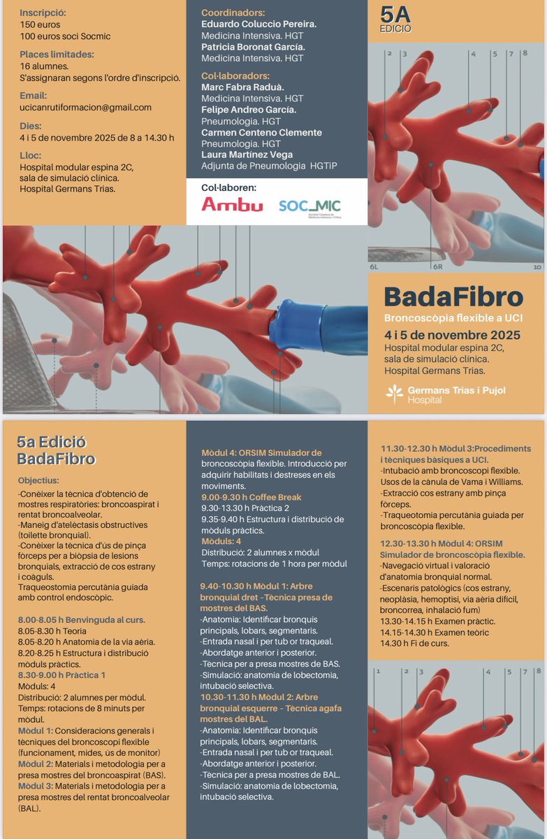 BroncoscopiaUCI's tweet image. Quieres iniciarte en la broncoscopia flexible en el paciente crítico ?
-Podrás adquirir habilidades y destrezas básicas en el manejo del broncoscopio. -Aprender técnicas para la toma de muestras BAS/BAL. @hgermanstrias @SOCMIC