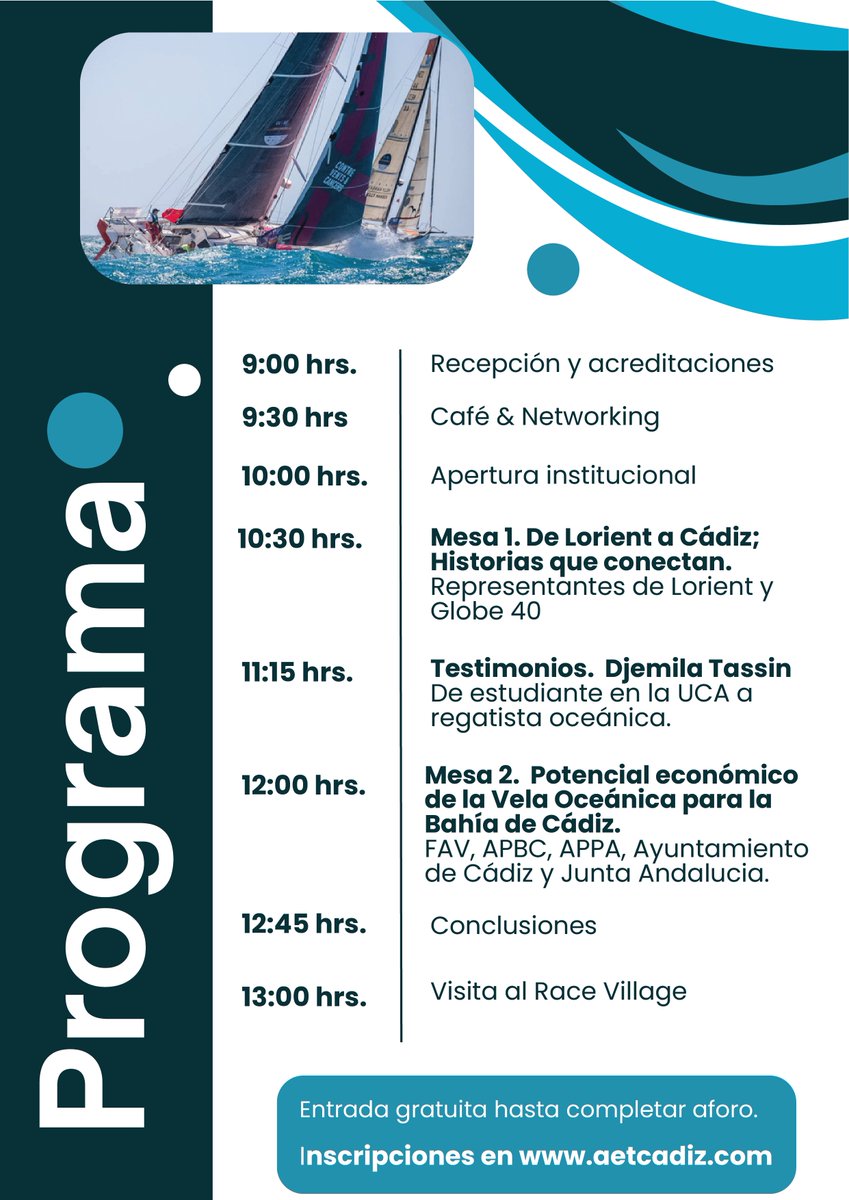 ¡𝐈𝐍𝐒𝐂𝐑𝐈𝐏𝐂𝐈𝐎𝐍𝐄𝐒 𝐀𝐁𝐈𝐄𝐑𝐓𝐀𝐒! 📢

 11 Sept.  Jornadas Náuticas "La Vela oceánica, un potencial por descubrir en Cádiz" enmarcadas en la Globe40.

🎫 Inscripciones gratuitas, hasta completar aforo acortar.link/laDY9l
*Fecha límite  8 de sep. a las 15:00h