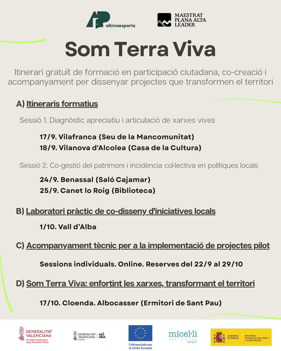 ❗♻ Naix el projecte 𝗦𝗼𝗺 𝗧𝗲𝗿𝗿𝗮 𝗩𝗶𝘃𝗮 ❗

🗣 Un itinerari gratuït de formació en participació ciutadana, co-creació i acompanyament per dissenyar projectes

📝 Inscriu-te en aquest enllaç: forms.gle/B2XuFZ4CNUV3BM…

🔎 Tota la informació:
instagram.com/p/DOK43rMCl6b/
