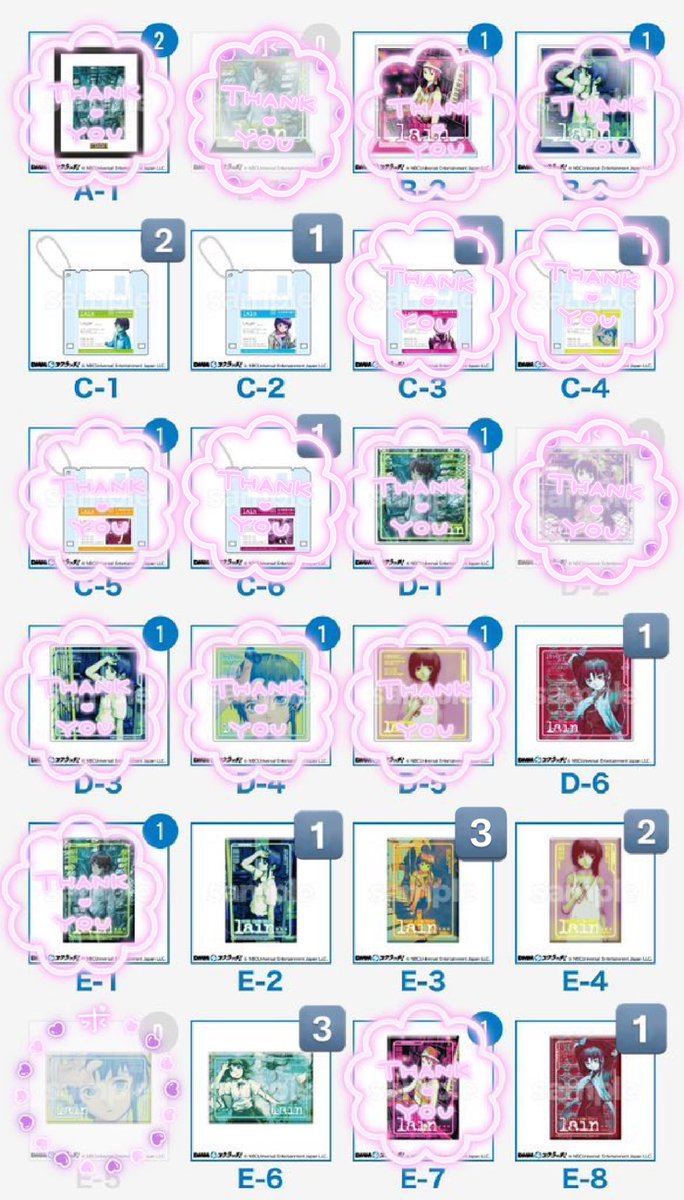 【交換】serial experiments lain  DMMスクラッチくじ 

譲→C-1 C-2 
D-6
E-2 E-3 E-4 E-6 E-8 

求→E-5

コンプ目的で探しております。
賞違いの交換可能です。
検索からでもお気軽にお声掛けください。