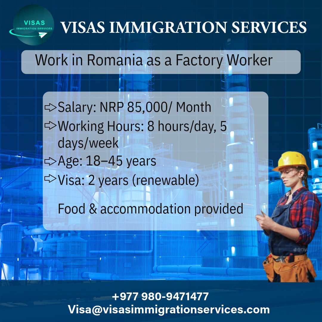 ServicesVisas's tweet image. 💼 Looking for stable work abroad?
Romania 🇷🇴 is hiring Factory Workers with great benefits.

#FactoryWorker #FactoryJobs #WorkInRomania #RomaniaJobs #RomaniaWorkPermit #RomaniaVisa #RomaniaHiring #RomaniaEmployment #RomaniaWorkVisa #RomaniaCareer #RomaniaOpportunities