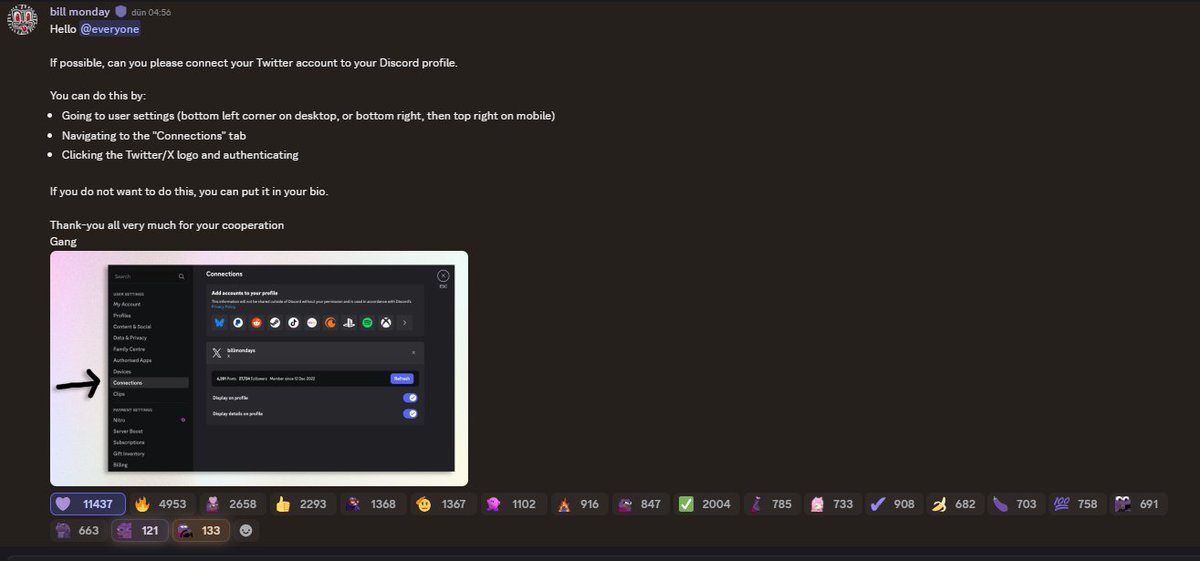 Günaydın, 📢

<a href="/monad/">Monad ⨀</a> taradında Discord anons kanallarında yeni duyuru var. Twitter / X profilimizi DC'ye bağlamalıyınız. Muhtemelen ileride airdrop için kriter olacak. 

Yapılması gerekenler çok basit, ⤵️

1⃣ DC'de "Kullanıcı Ayarları"na gir. 
2⃣"Bağlantılar" sekmesine tıkla.