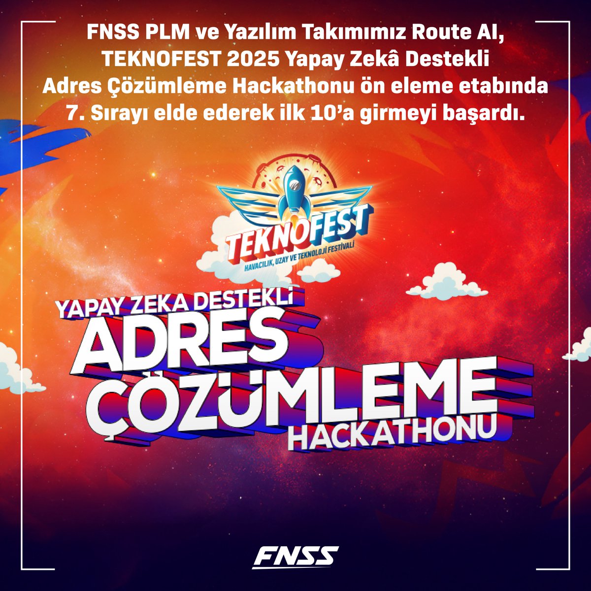 🏅#FNSS PLM ve Yazılım Takımımız Route AI, #TEKNOFEST2025 Yapay Zekâ Destekli Adres Çözümleme Hackathonu kapsamında, Kaggle üzerinden online gerçekleşen, 255 takım ve 1000’in üzerinde yarışmacının aynı problem üzerinde yarıştığı ön eleme etabında 7. Sırayı elde ederek ilk 10’a