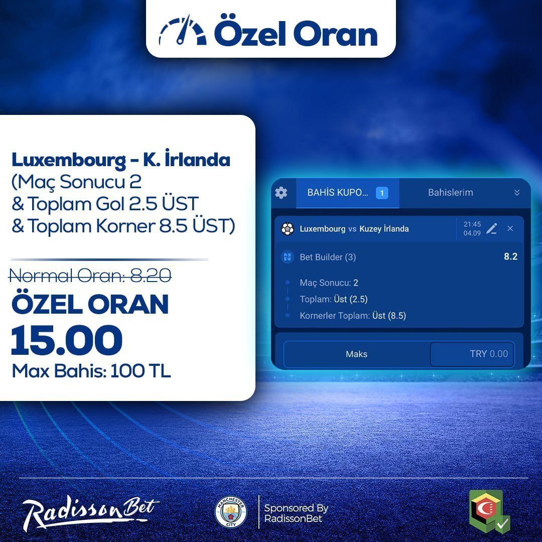 📢 Radisson Paylaşıyor – ÖZEL ORAN

💵Max Bahis: 100 TL
💵Maks. Kazanç: 1.500 TL
Katılım ÜCRETSİZ!

🔥Bugüne Özel Kupon
⚔️Luxembourg - Kuzey İrlanda
🎲MS 2
🎲Toplam Gol 2.5 ÜST
🎲Toplam Korner 8.5 ÜST
 
🔥Normal Oran: 8.20
🔥Özel Oran: 15.00

radgit.com/sosyall